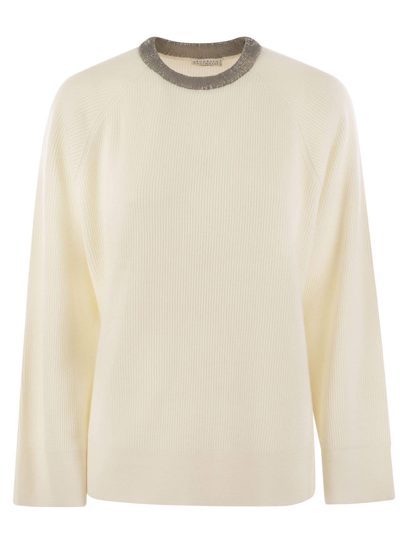 Brunello Cucinelli Women Ribbed Cashmere Sweater With Necklace