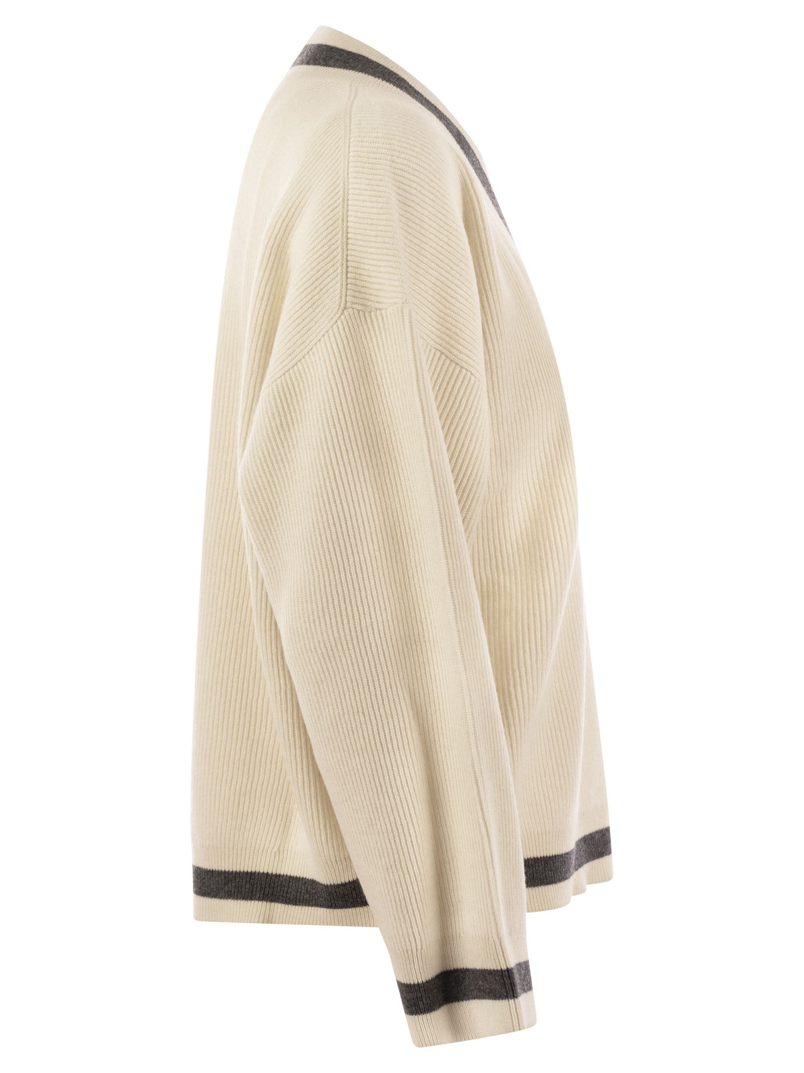 Brunello Cucinelli Women Ribbed Cashmere Sweater With Contrasting Stripe