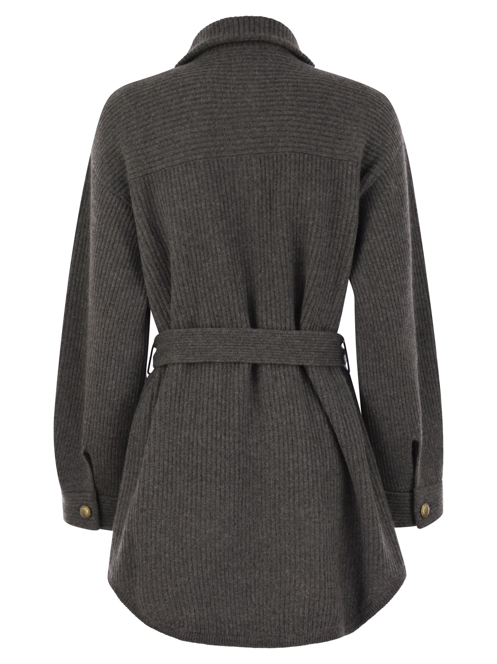 Brunello Cucinelli Women Cardigan In Virgin Wool, Cashmere And Silk English Rib With Metal Buttons And Belt