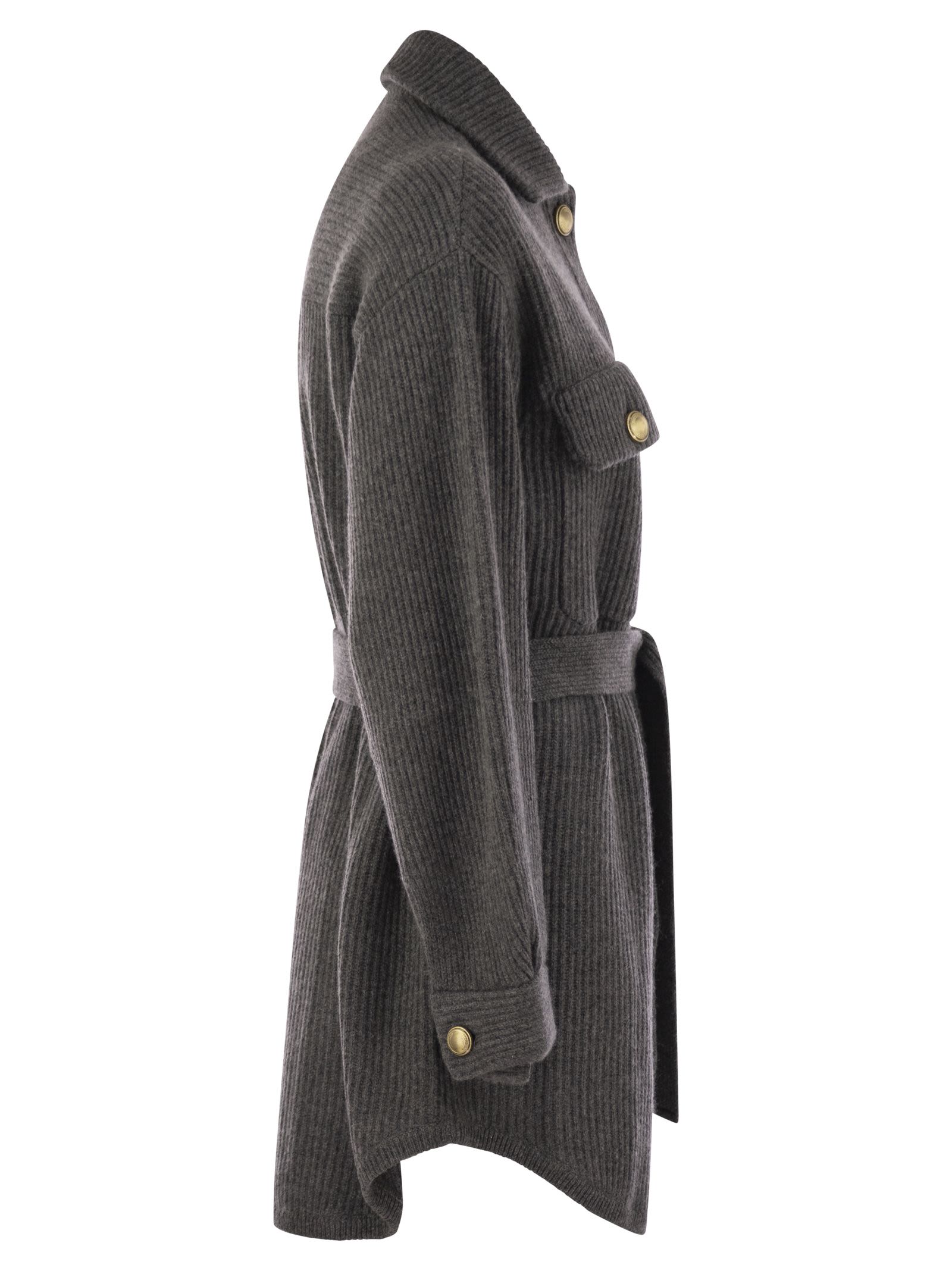 Brunello Cucinelli Women Cardigan In Virgin Wool, Cashmere And Silk English Rib With Metal Buttons And Belt