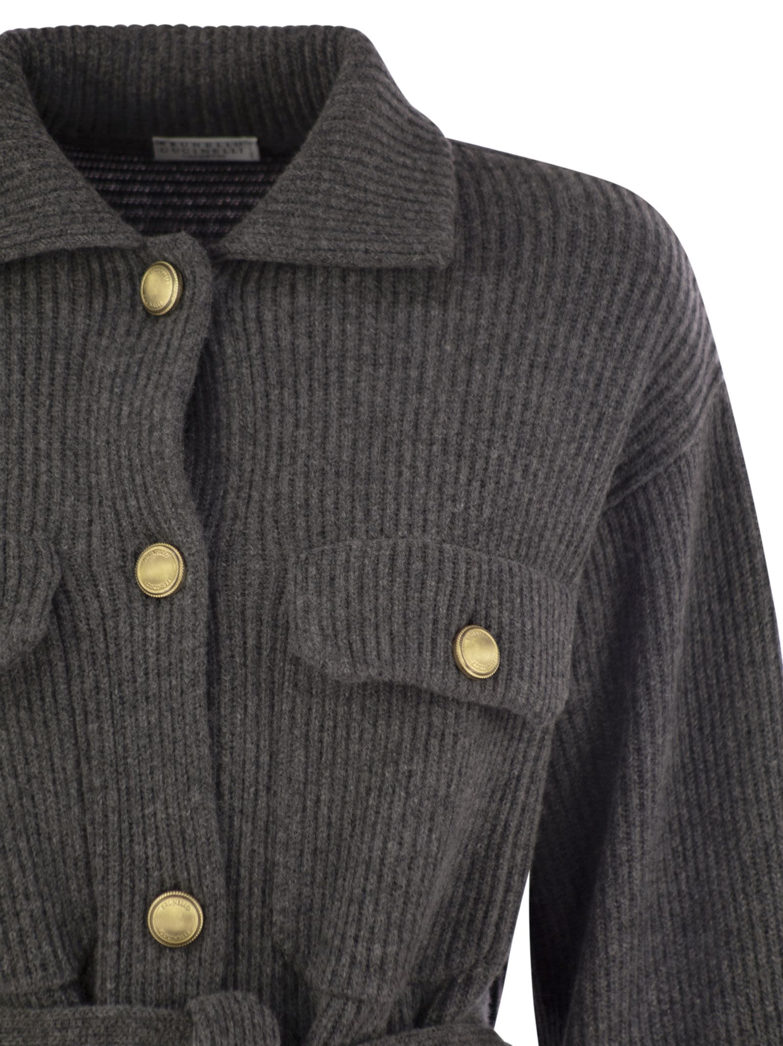 Brunello Cucinelli Women Cardigan In Virgin Wool, Cashmere And Silk English Rib With Metal Buttons And Belt