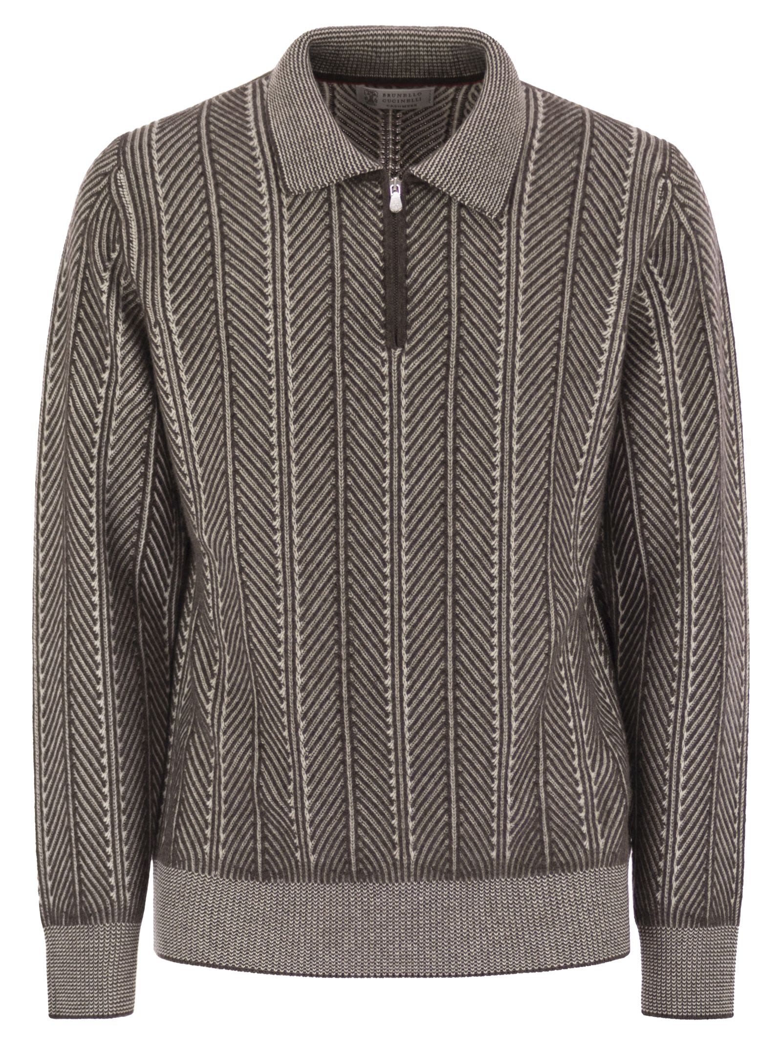 Brunello Cucinelli Men Vanisé Chevron Cashmere Sweater With Polo Neck And Zip Opening