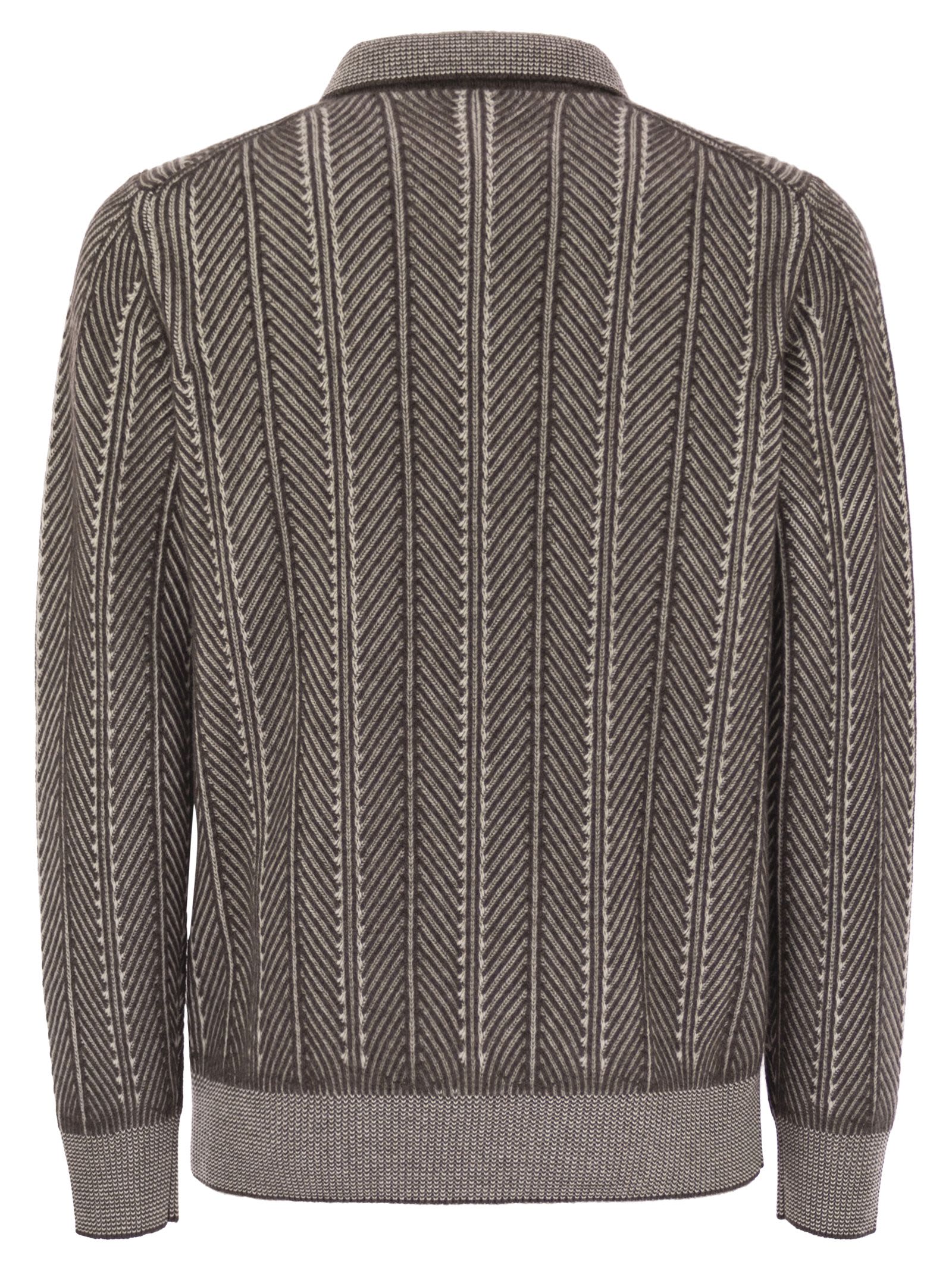 Brunello Cucinelli Men Vanisé Chevron Cashmere Sweater With Polo Neck And Zip Opening