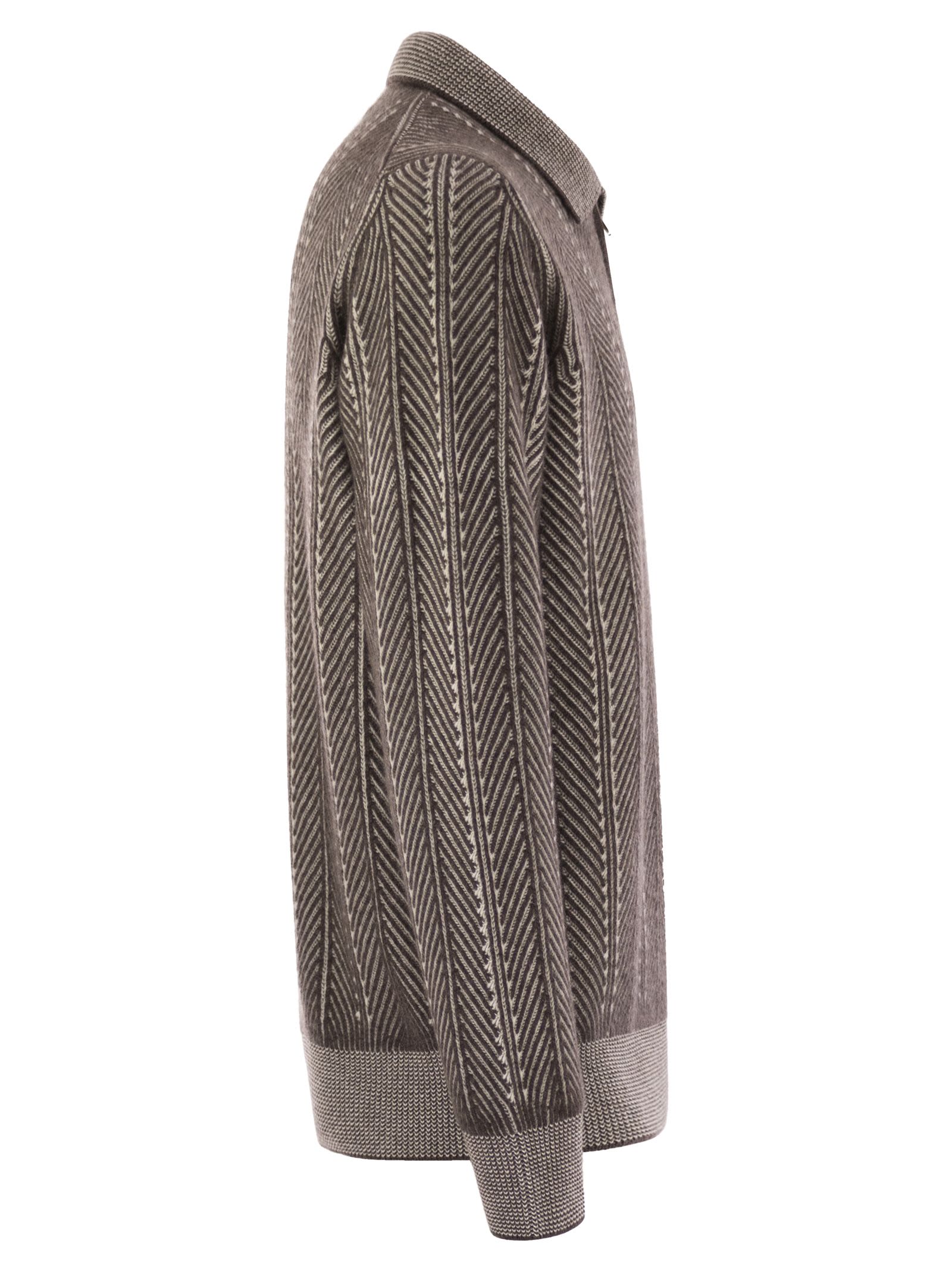 Brunello Cucinelli Men Vanisé Chevron Cashmere Sweater With Polo Neck And Zip Opening