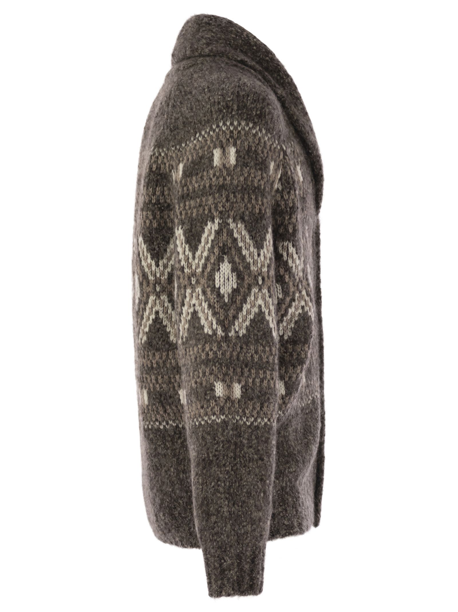 Brunello Cucinelli Men Geometric Jacquard Cardigan In Alpaca, Virgin Wool And Cashmere With Metal Buttons