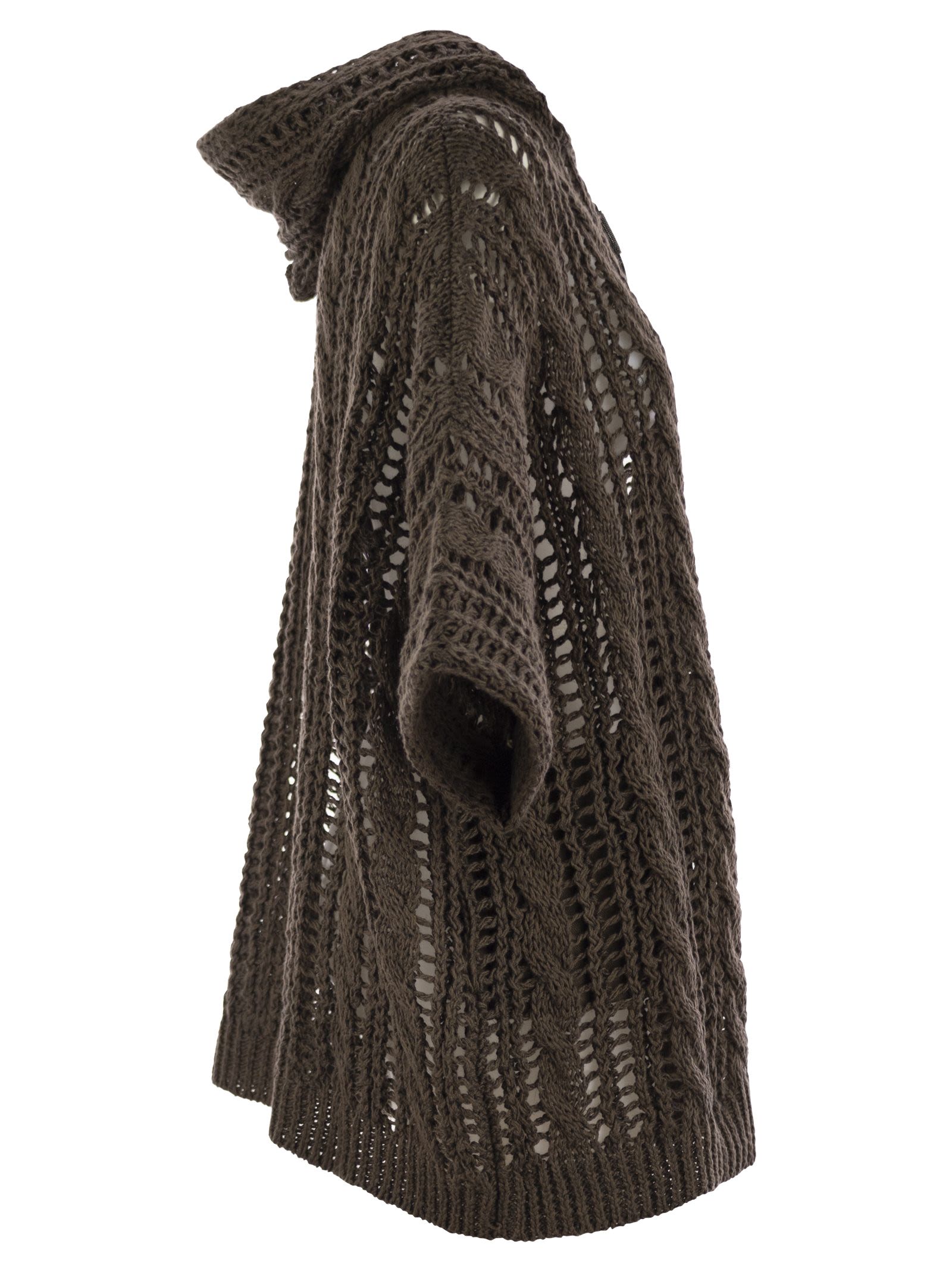 Brunello Cucinelli Women Cable & Mesh Jute And Cotton Cardigan With Hood And Shiny Zipper Pull