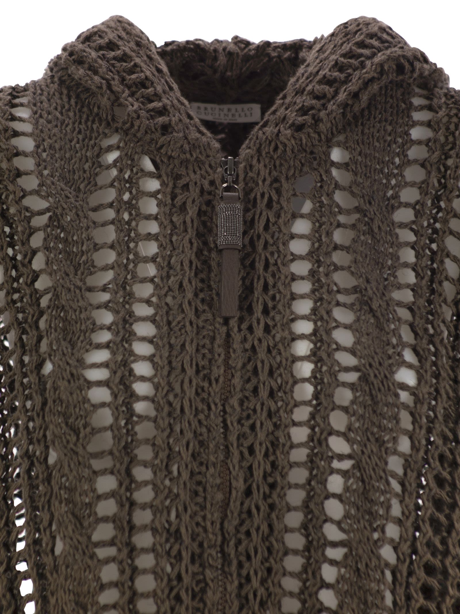 Brunello Cucinelli Women Cable & Mesh Jute And Cotton Cardigan With Hood And Shiny Zipper Pull