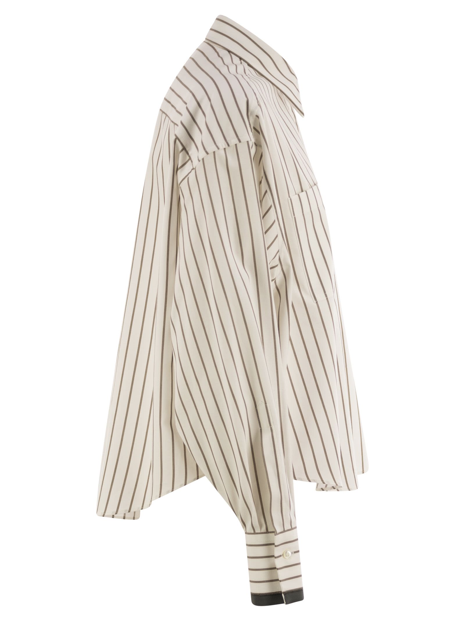 Brunello Cucinelli Women Striped Cotton Twill Shirt With Shiny Cuffs
