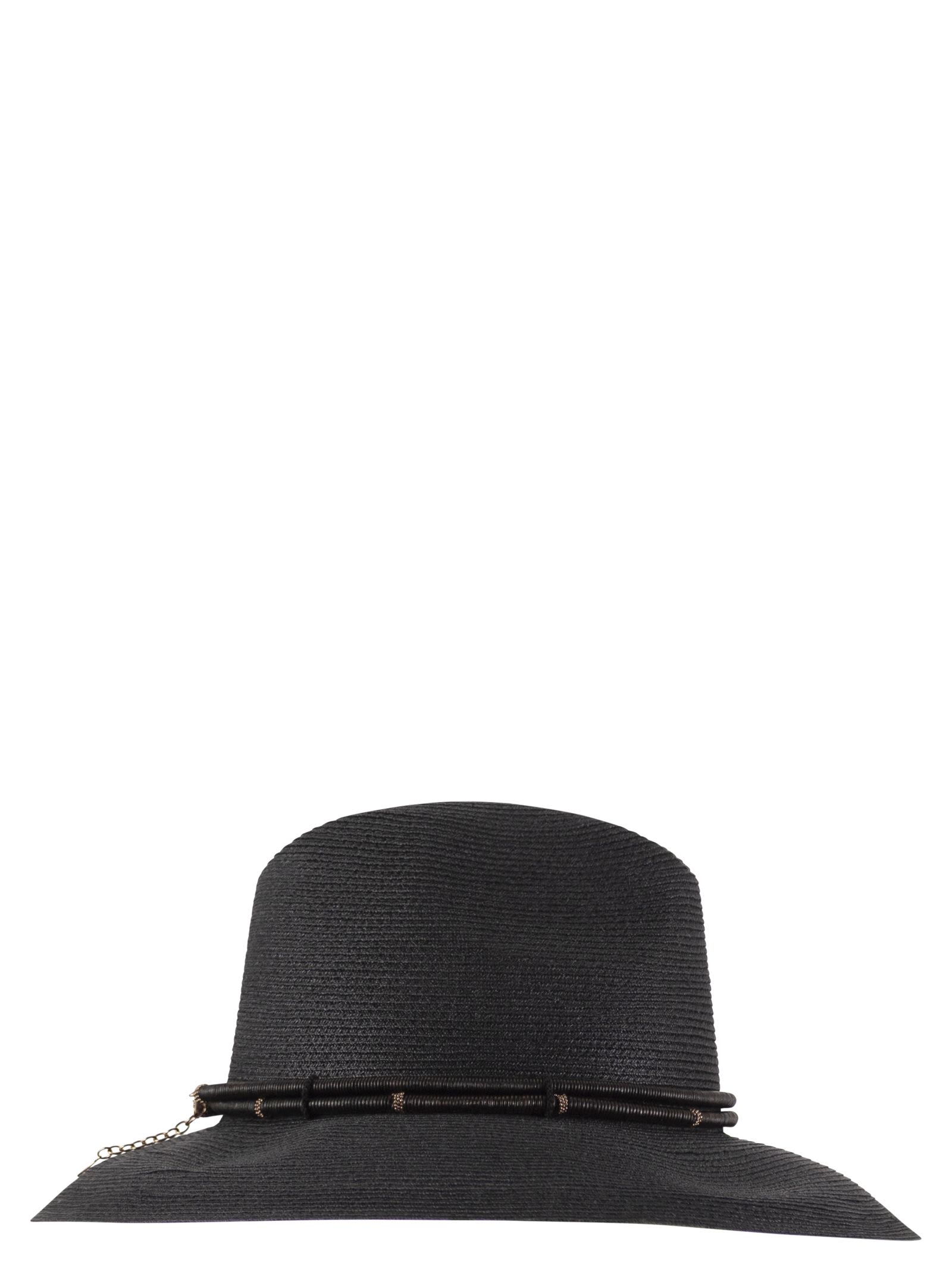 Brunello Cucinelli Women Fedora Made Of Hemp And Techno Cotton With Leather Band And Necklace