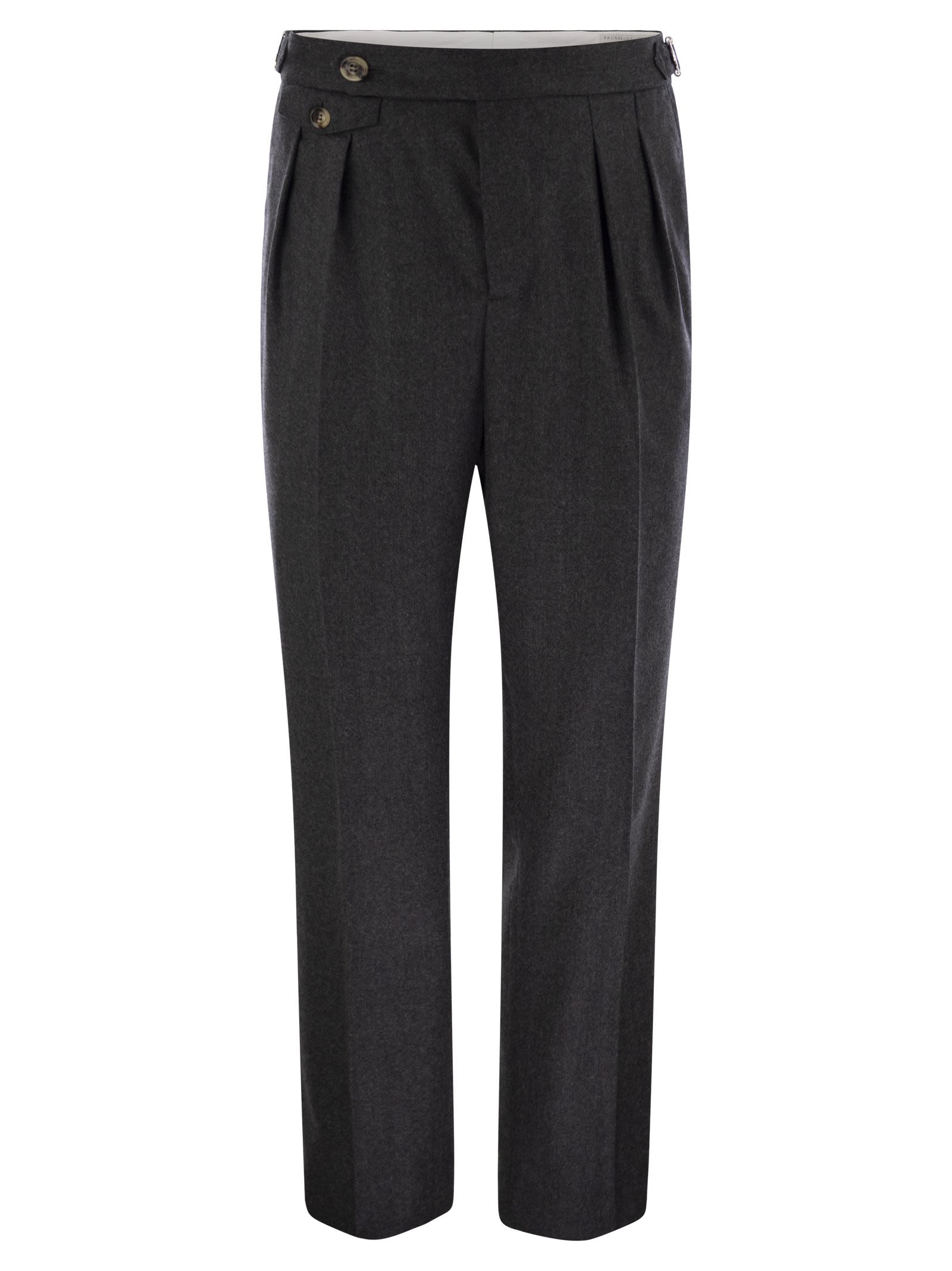 Brunello Cucinelli Men Tailor-Fit Trousers In Virgin Wool Canvas With Double Inverted Darts And Buckles On The Side