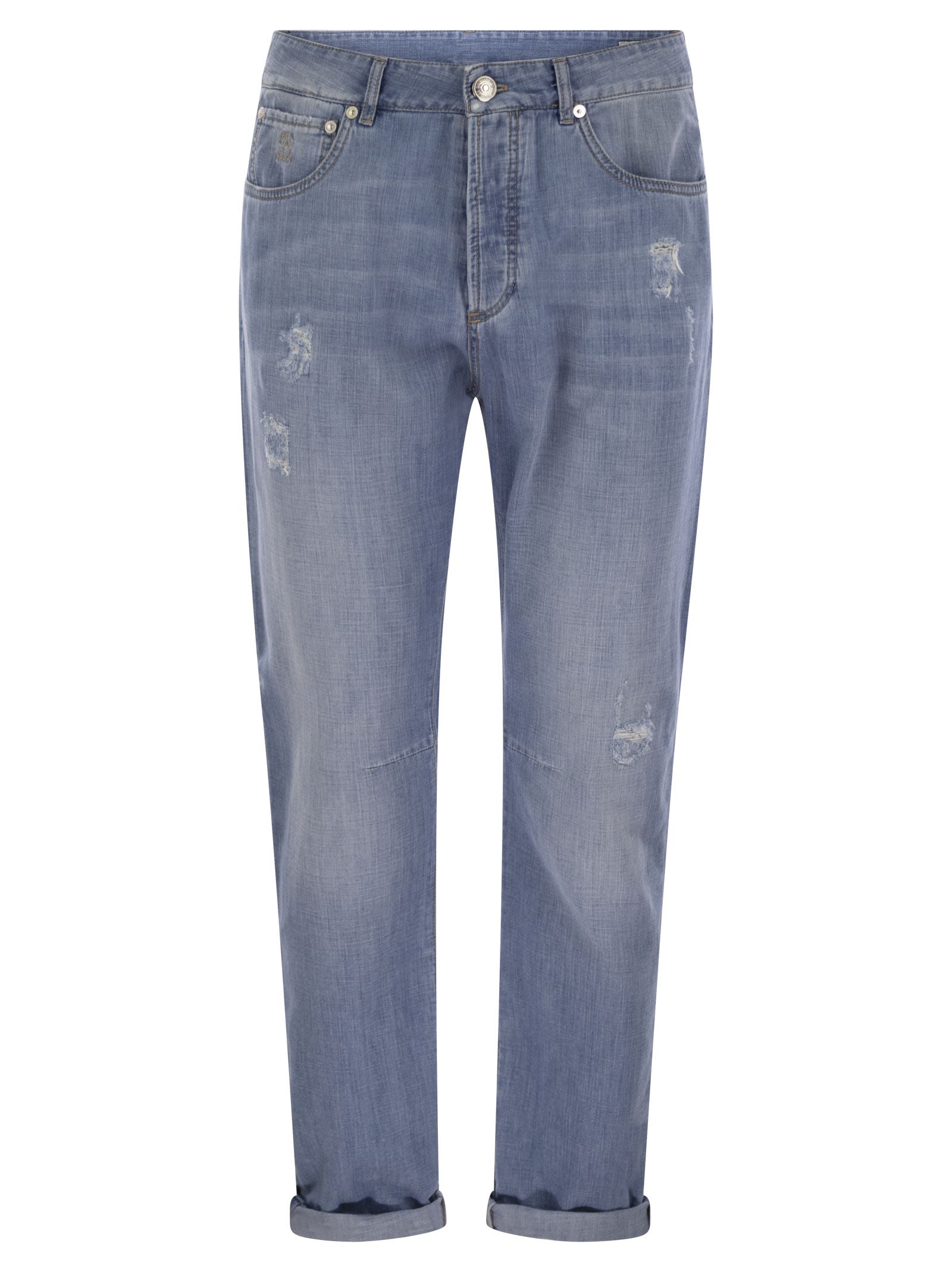 Brunello Cucinelli Men Five-Pocket Leisure Fit Trousers In Lightweight Old Denim With Rips