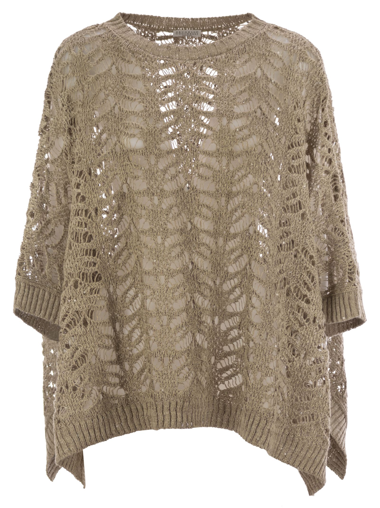 Brunello Cucinelli Women Foliage Lace Knitted Poncho In Linen And Diamond Silk