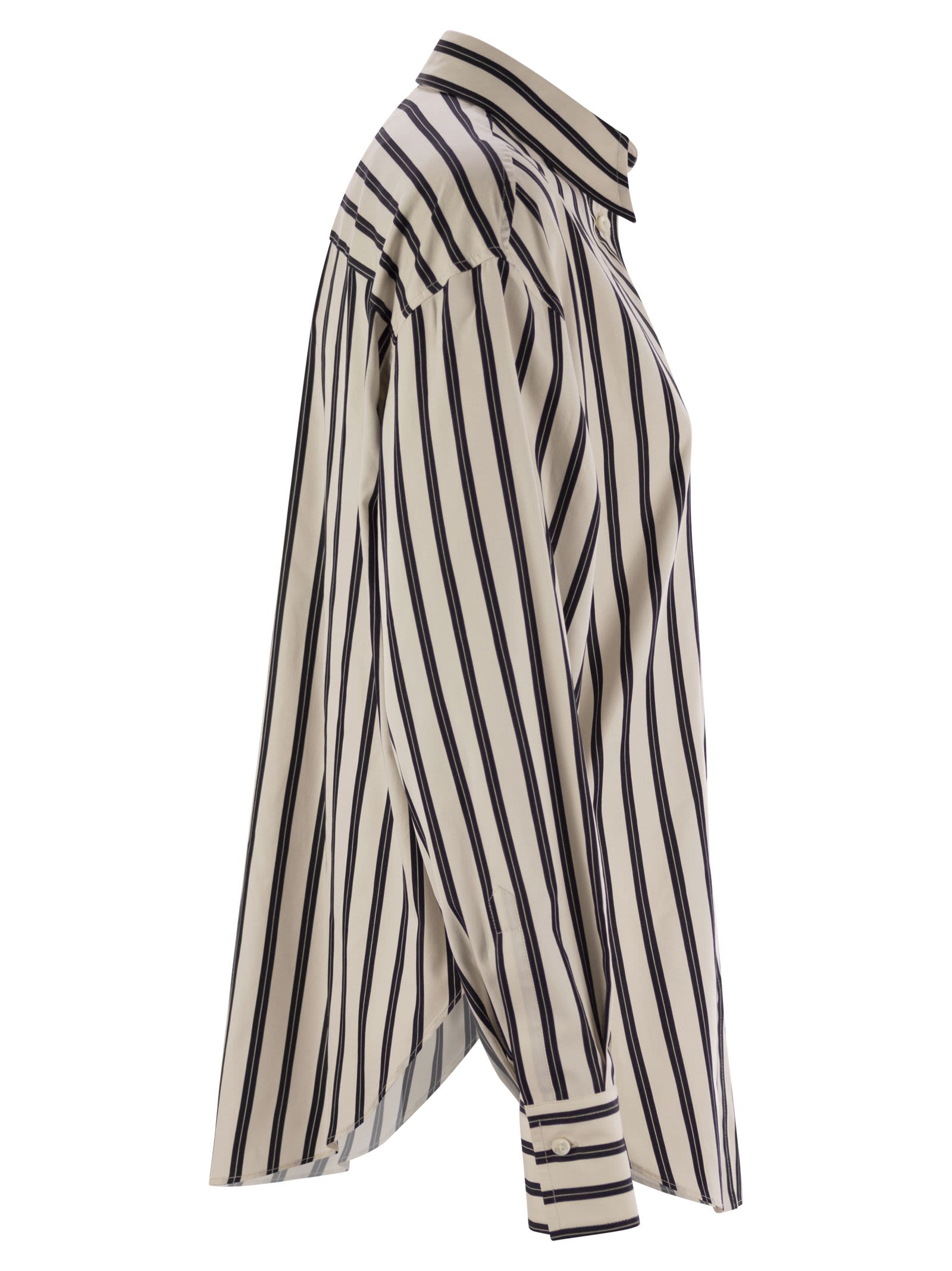 Brunello Cucinelli Women Regimental Cotton And Silk Poplin Shirt With Glistening Herbarium Embroidery