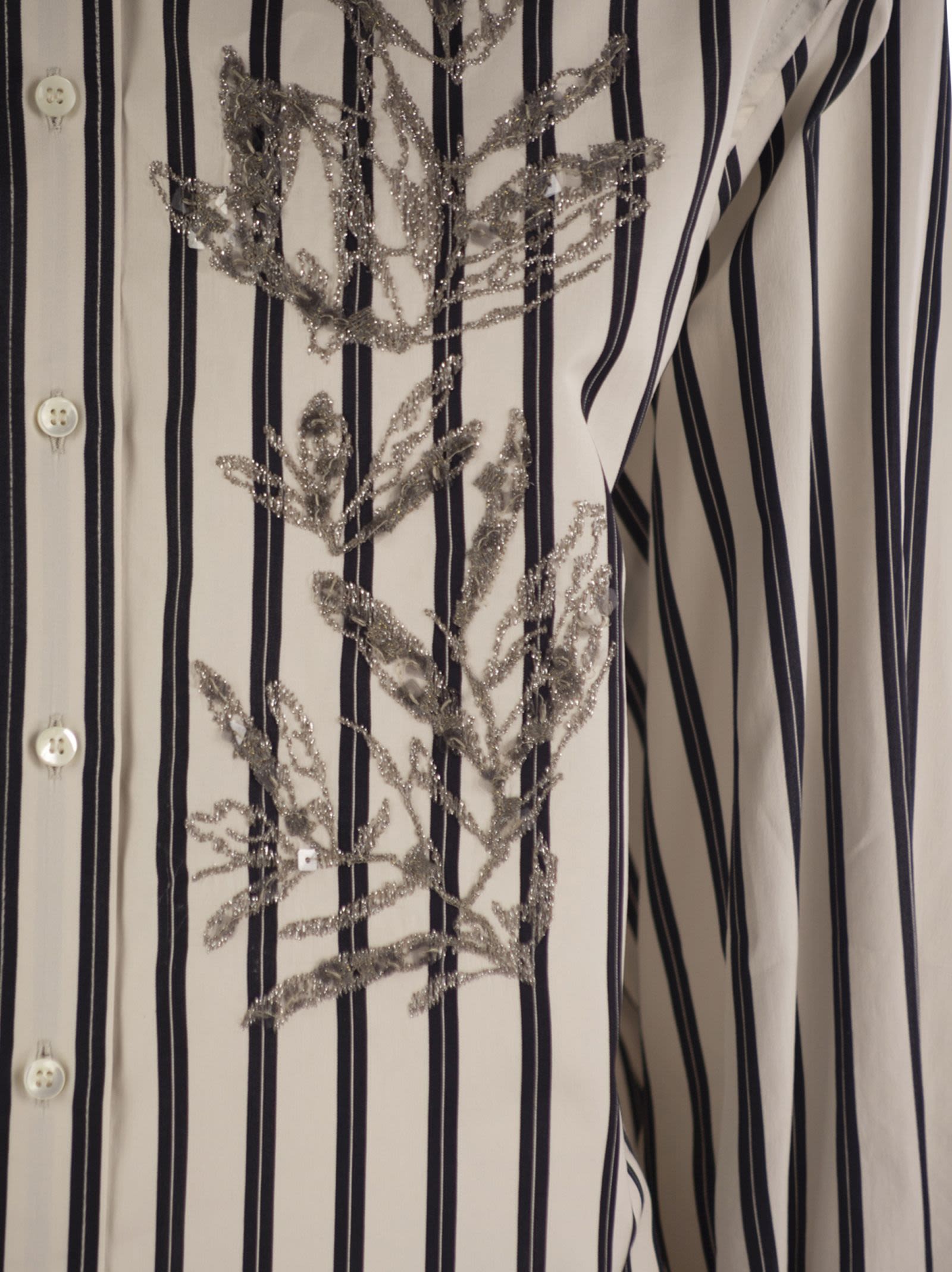 Brunello Cucinelli Women Regimental Cotton And Silk Poplin Shirt With Glistening Herbarium Embroidery