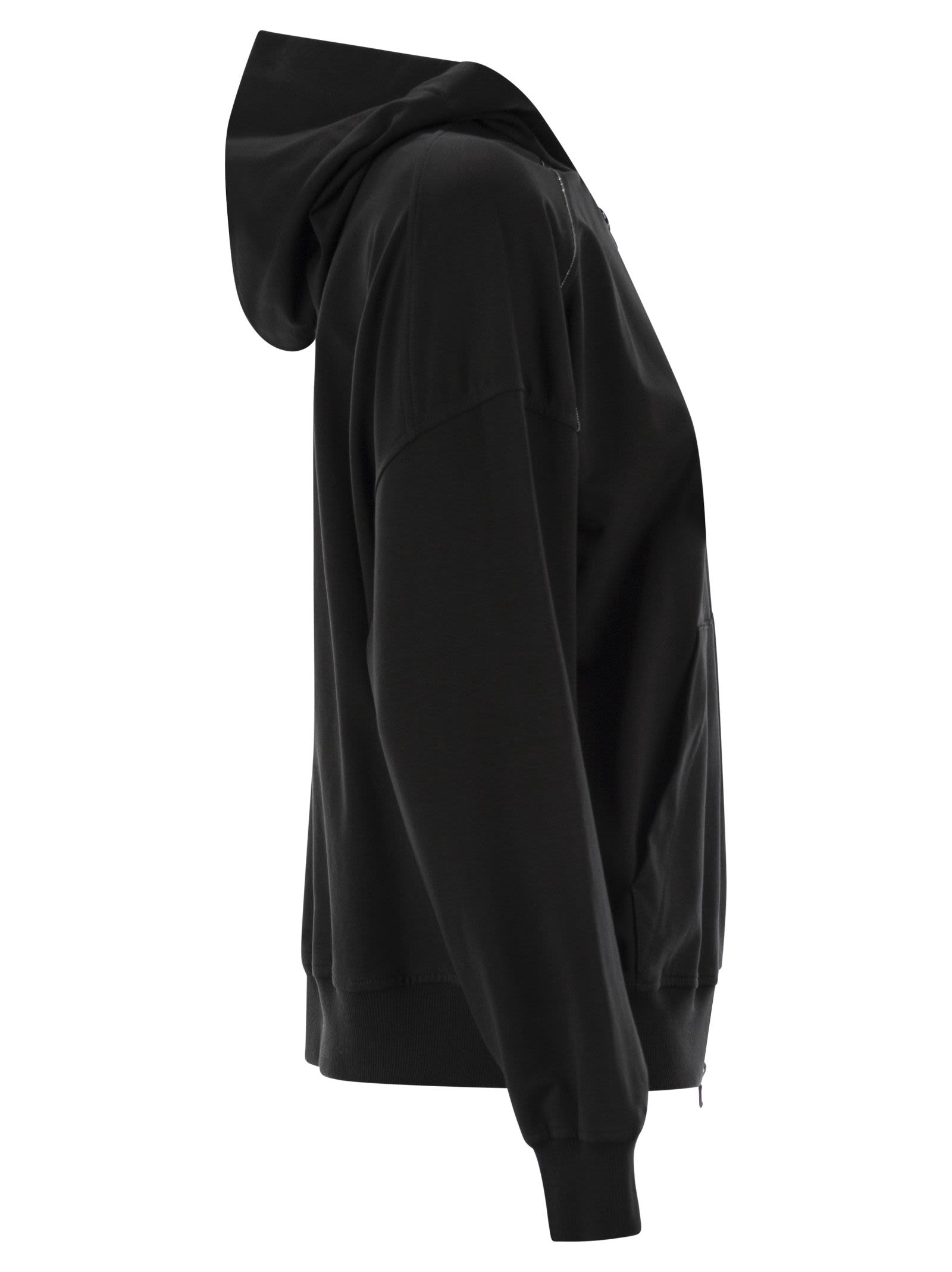 Brunello Cucinelli Women Lightweight Stretch Cotton Fleece Topwear With Zip, Hood And Shiny Trims