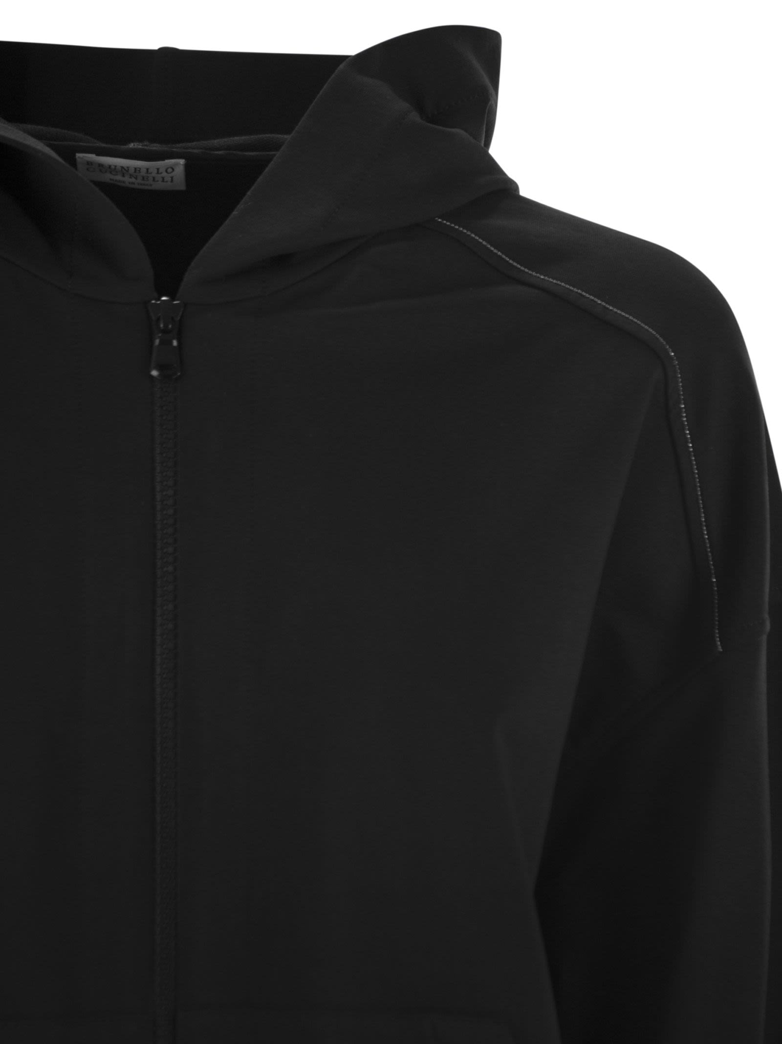 Brunello Cucinelli Women Lightweight Stretch Cotton Fleece Topwear With Zip, Hood And Shiny Trims