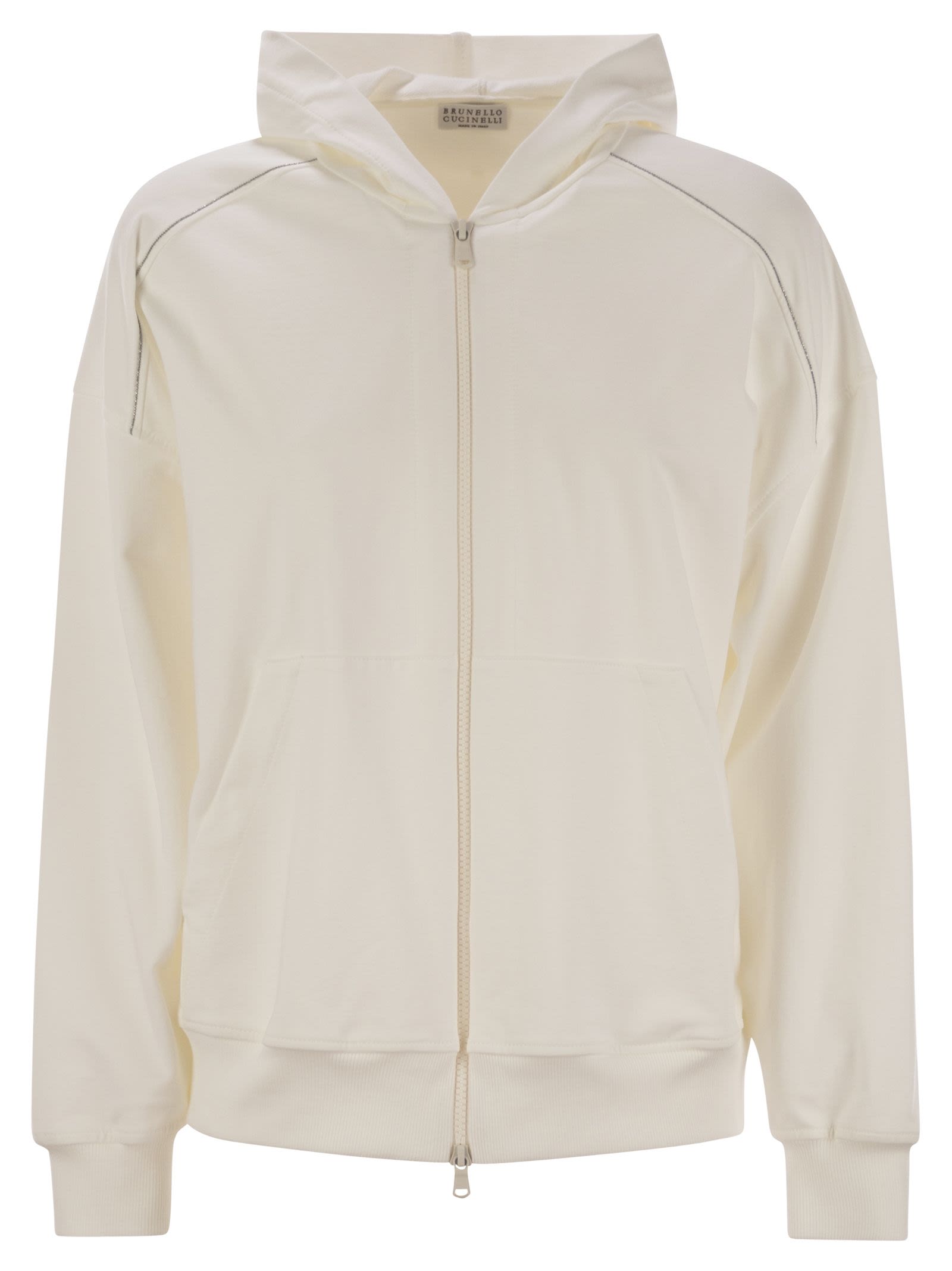 Brunello Cucinelli Women Lightweight Stretch Cotton Fleece Topwear With Zip, Hood And Shiny Trims