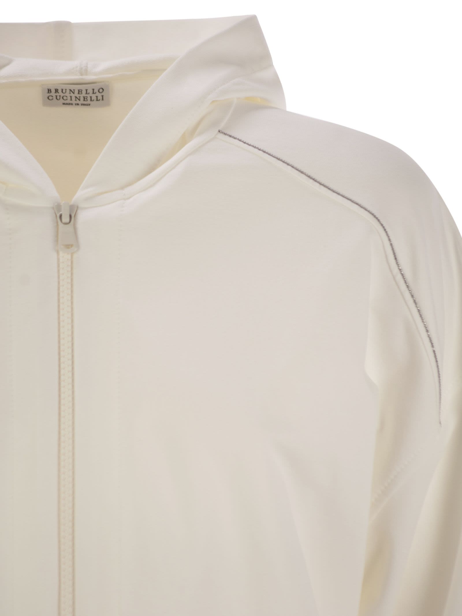 Brunello Cucinelli Women Lightweight Stretch Cotton Fleece Topwear With Zip, Hood And Shiny Trims