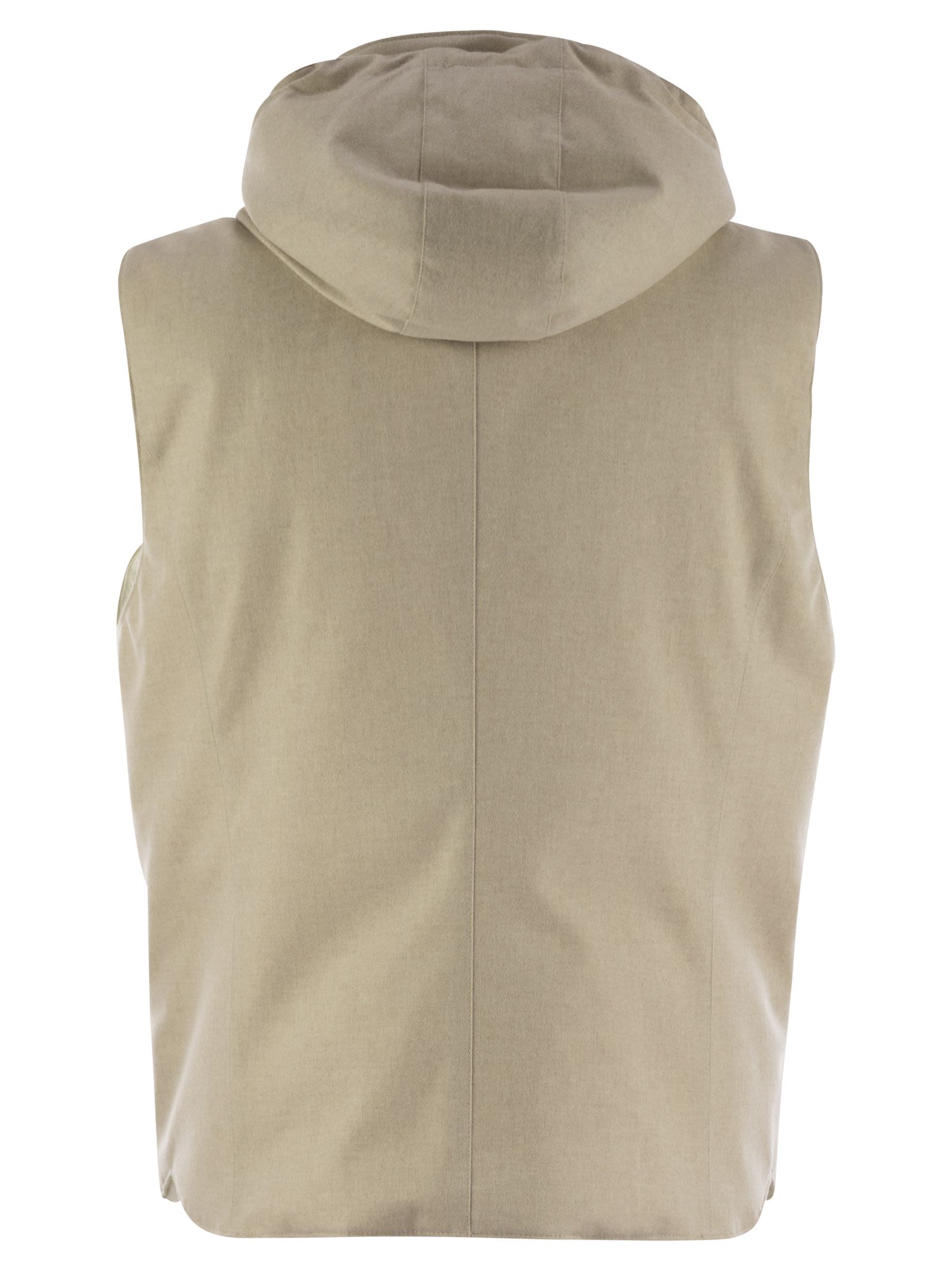 Brunello Cucinelli Men Sleeveless Down Jacket In Membraned Wool Flannel With Detachable Hood