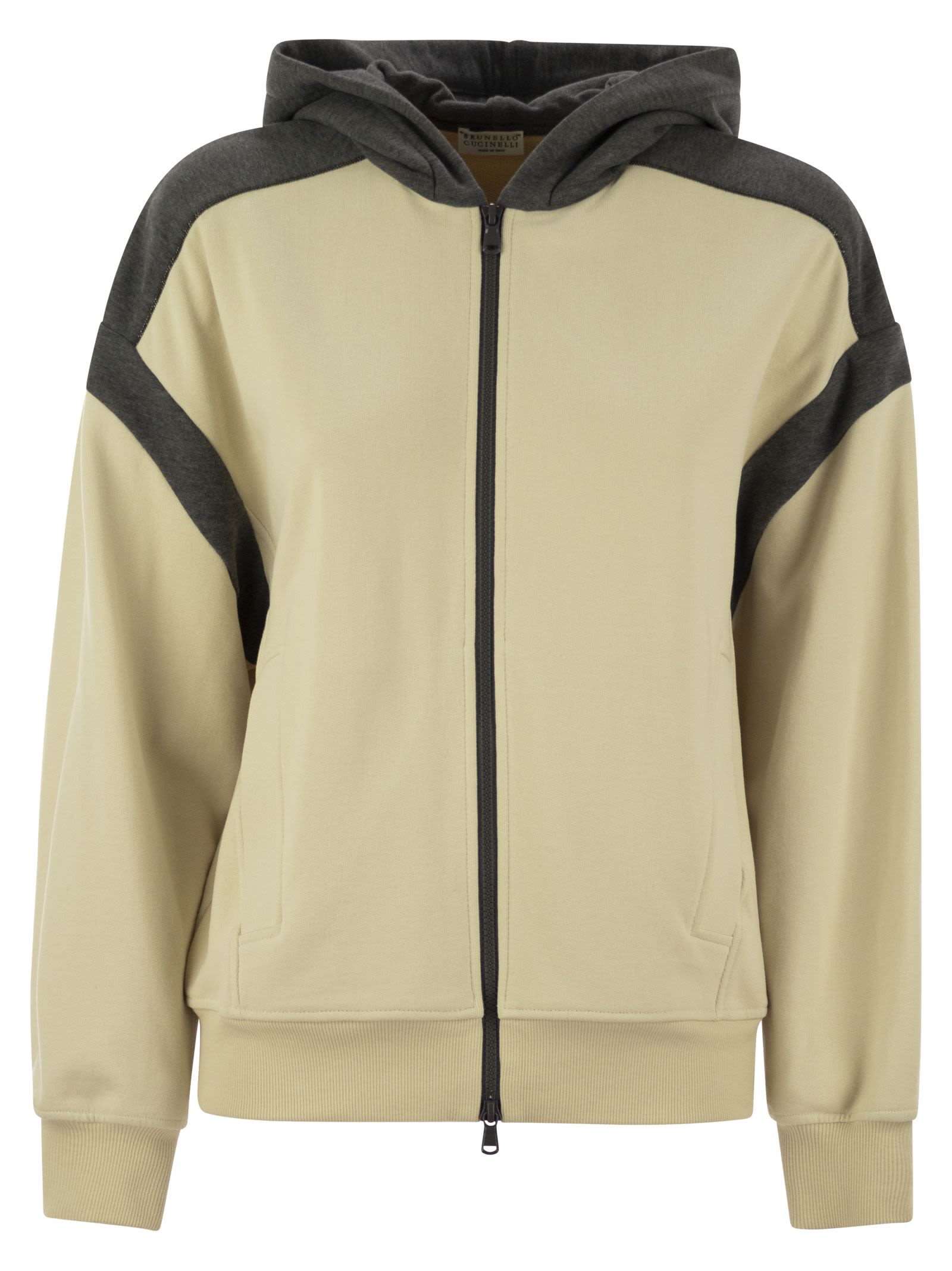 Brunello Cucinelli Women Smooth Cotton Fleece Topwear With Zip, Hood And Shiny Trim