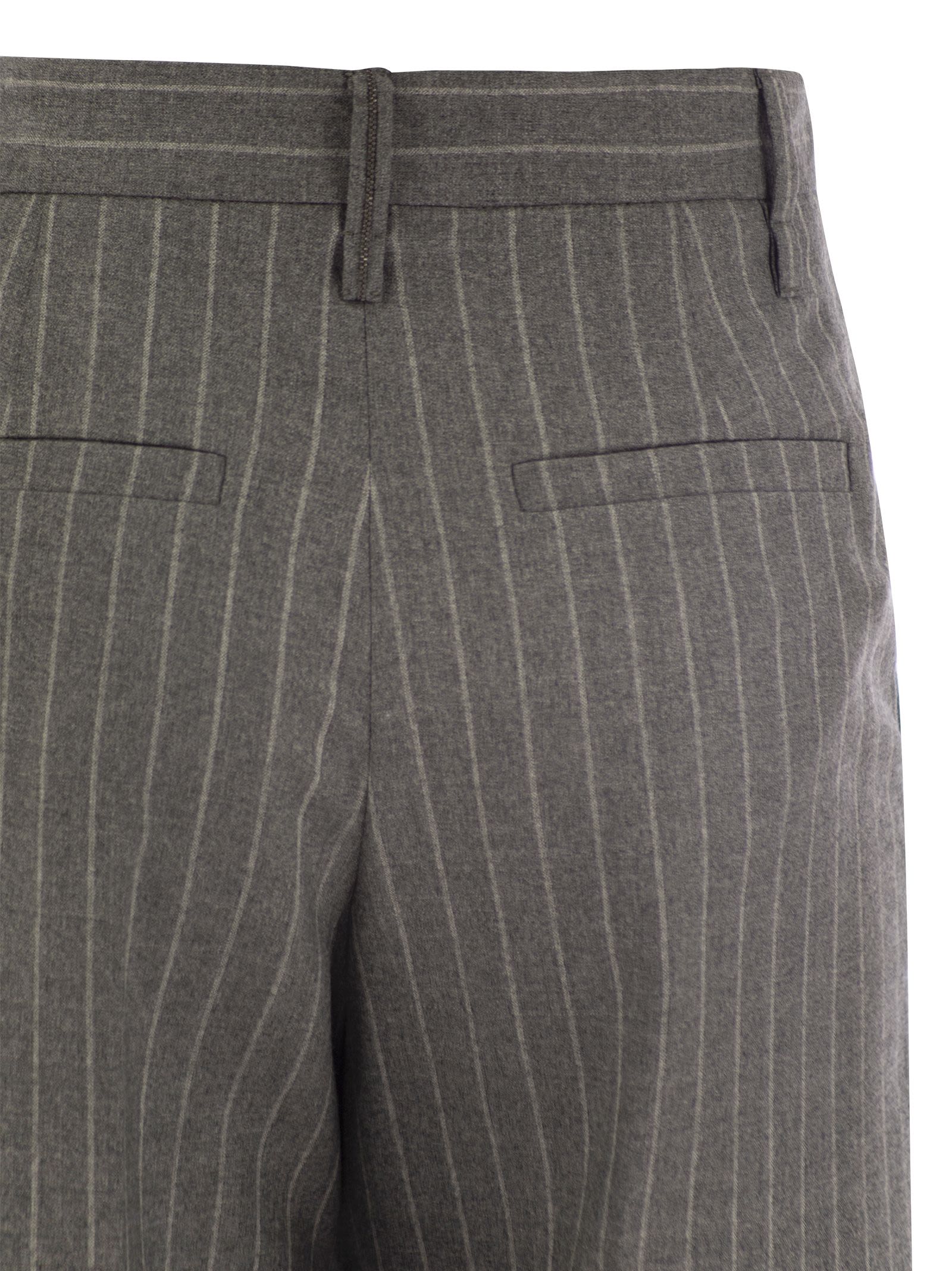 Brunello Cucinelli Women Loose Flared Trousers In Virgin Wool Mouliné Pinstripe With Beadwork