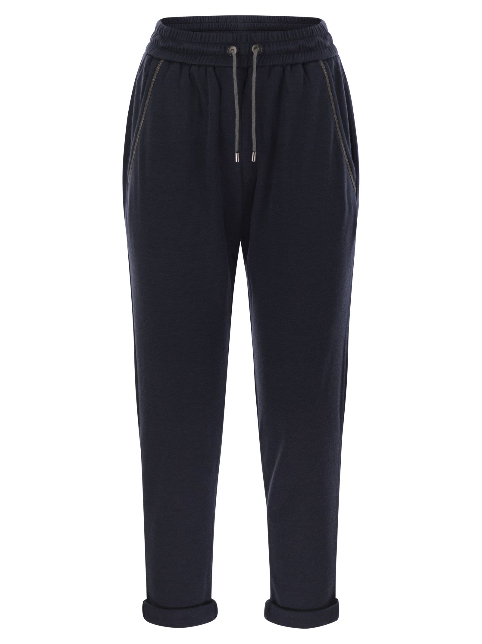 Brunello Cucinelli Women Cotton And Silk Interlock Trousers With Shiny Pocket Detail