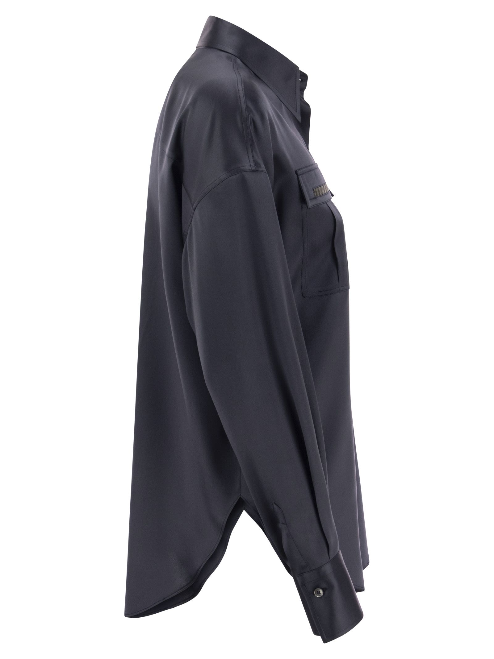 Brunello Cucinelli Women Stretch Silk Satin Shirt With Shiny Pockets