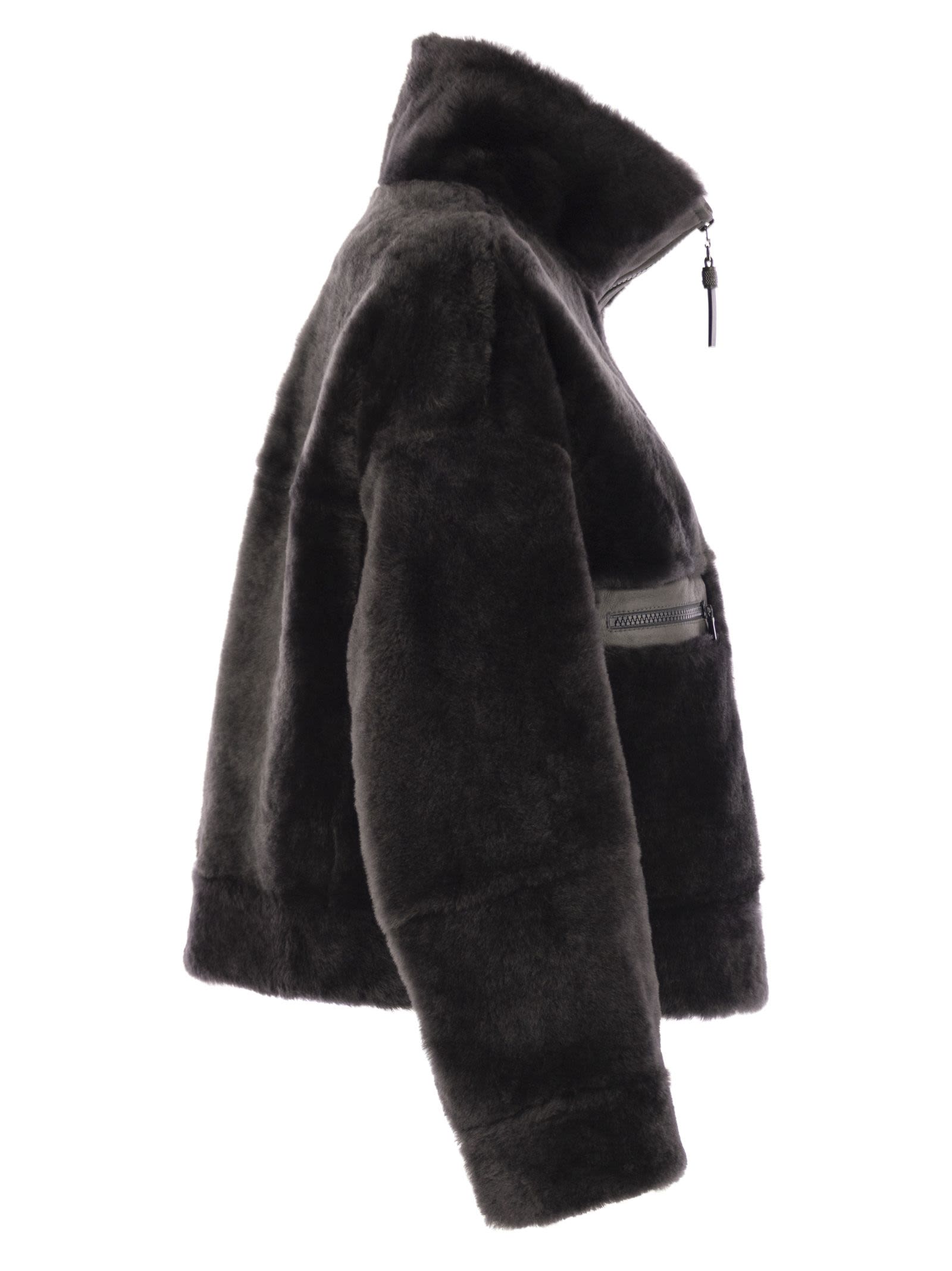 Brunello Cucinelli Women Shearling Outerwear With Shiny Zip
