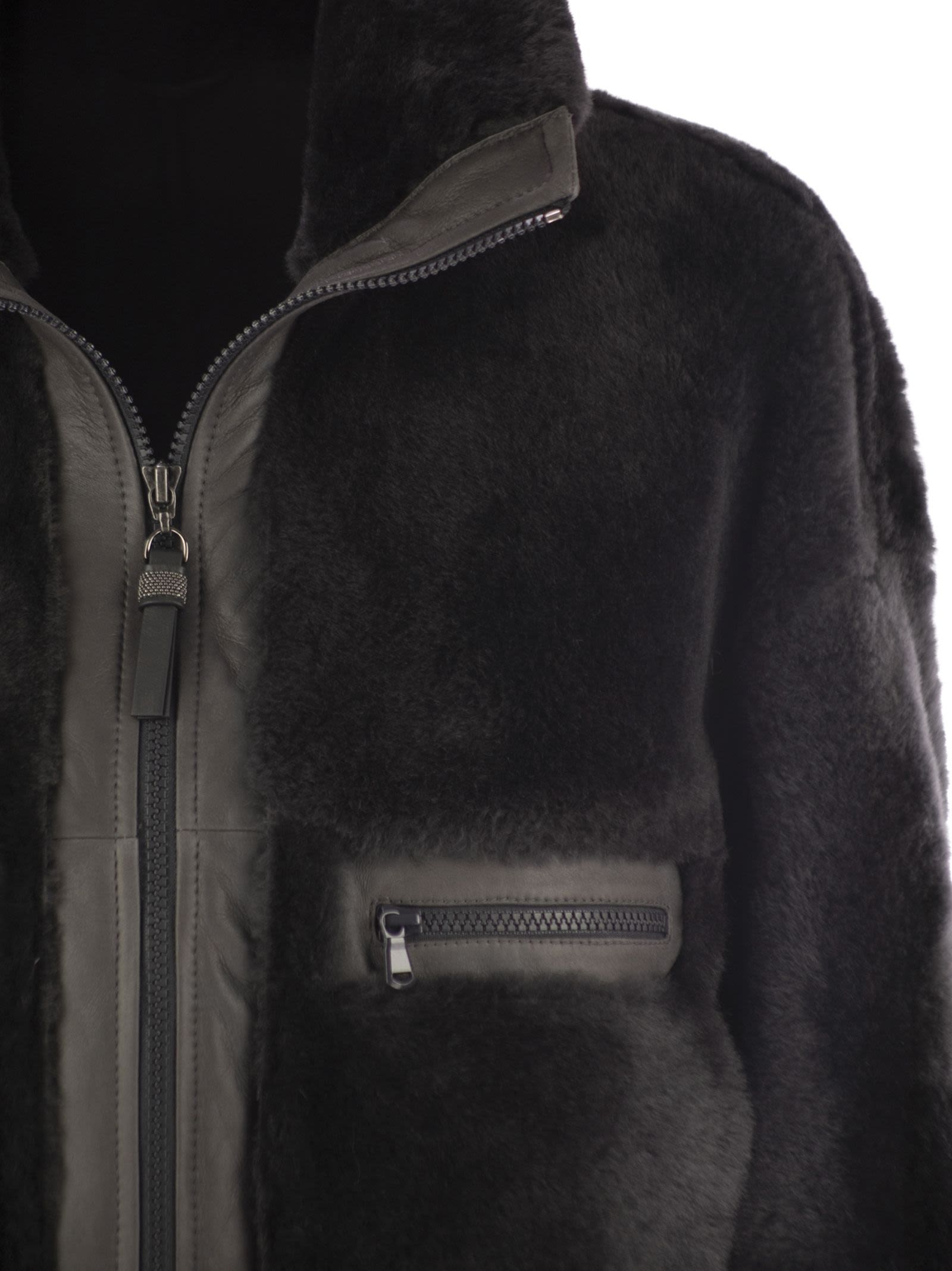 Brunello Cucinelli Women Shearling Outerwear With Shiny Zip