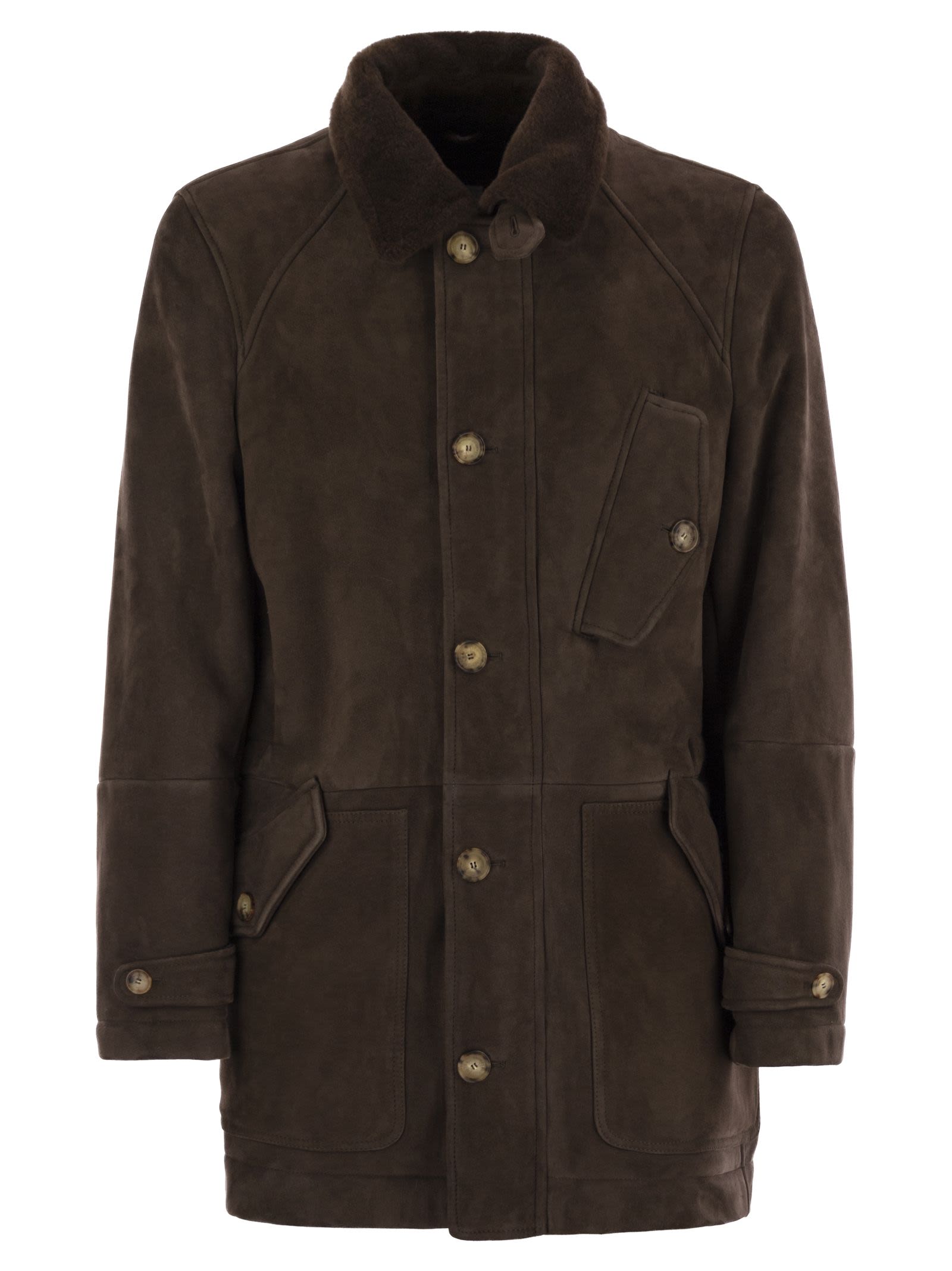 Brunello Cucinelli Men Tone-On-Tone Suede Shearling Coat