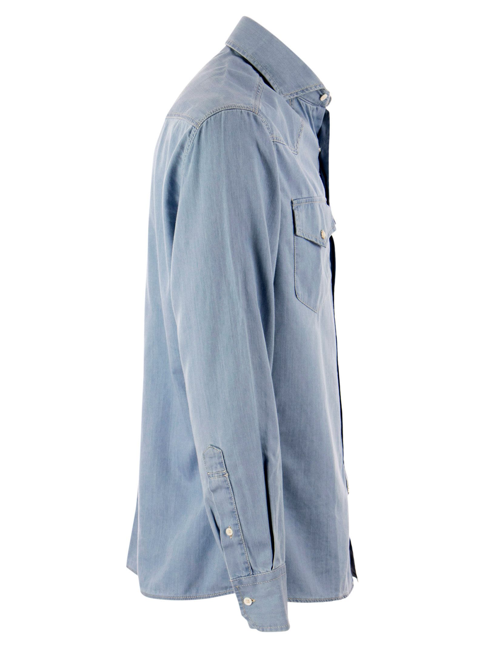 Brunello Cucinelli Men Lightweight Denim Leisure Fit Shirt With Press Studs, Epaulettes And Pockets