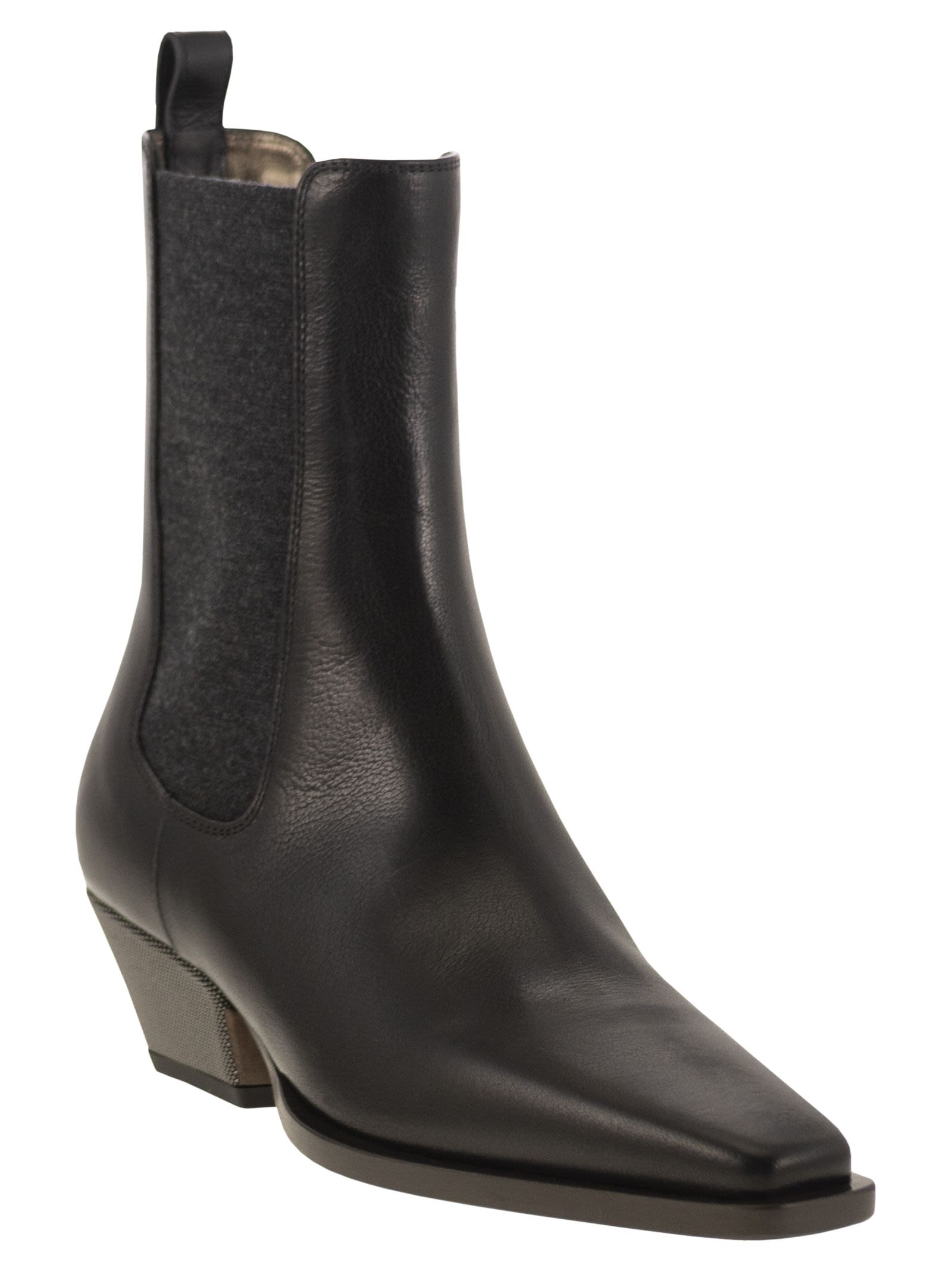 Brunello Cucinelli Women Classic Leather Chelsea Boot With Precious Block Heels