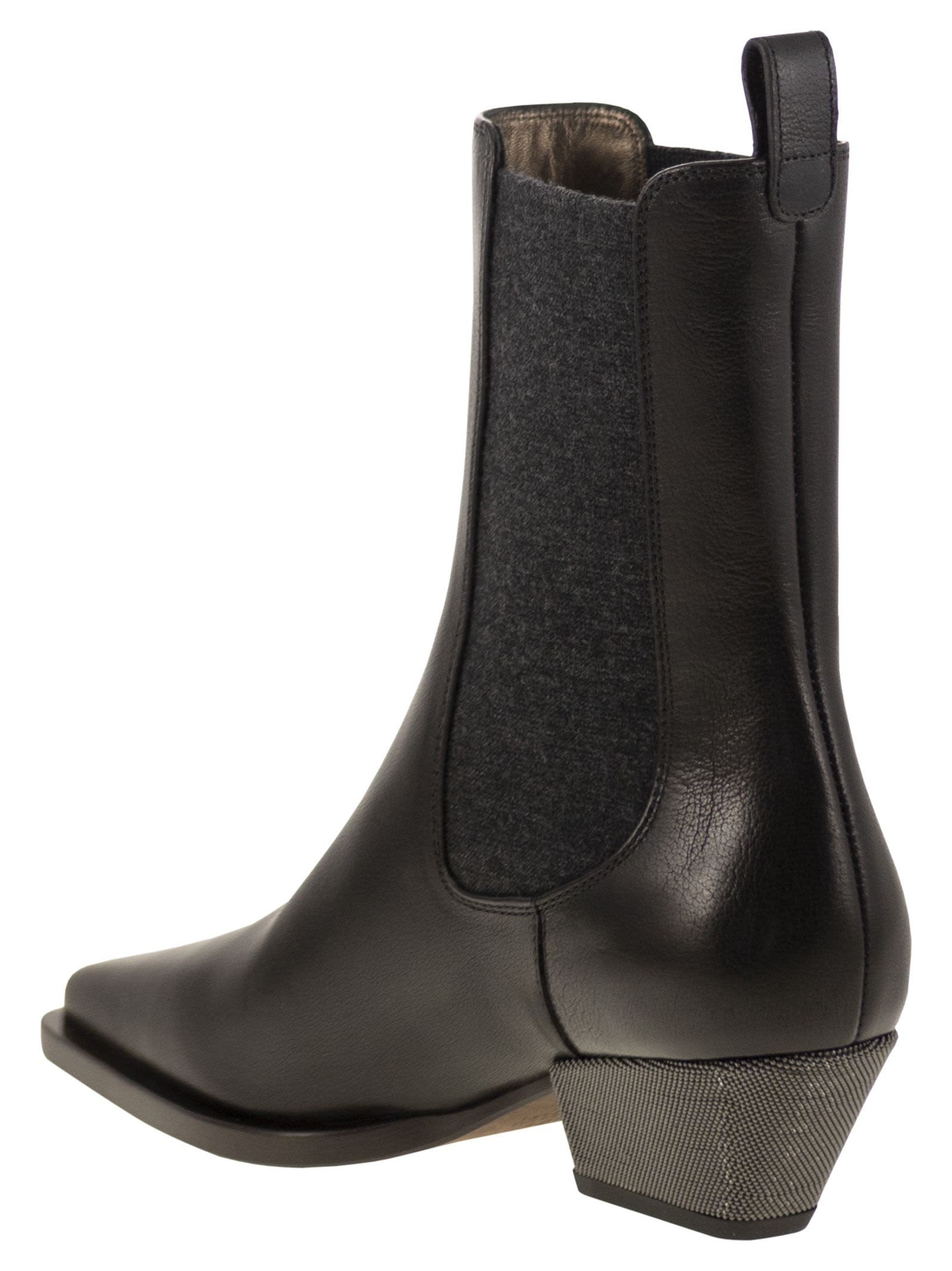 Brunello Cucinelli Women Classic Leather Chelsea Boot With Precious Block Heels