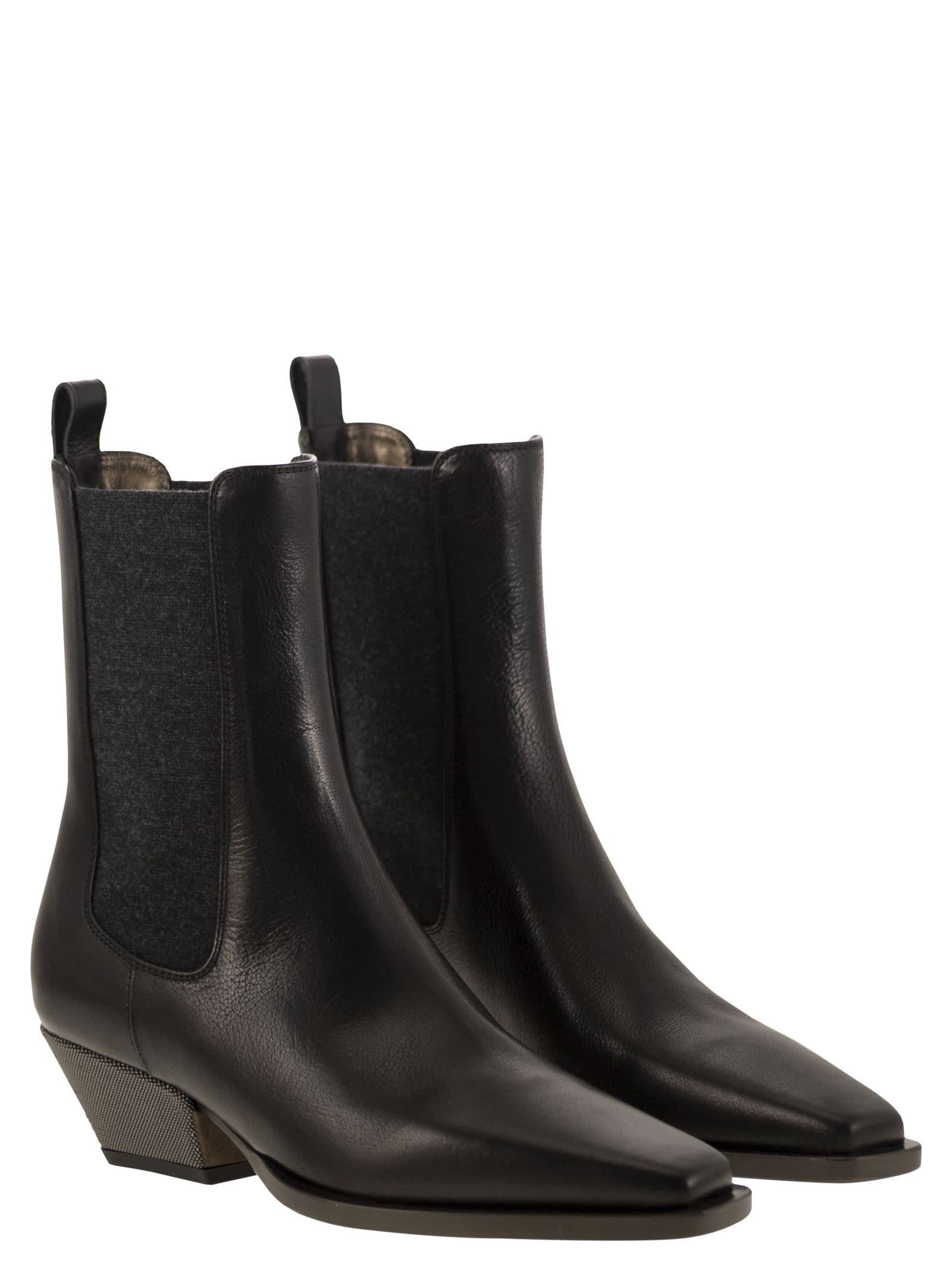 Brunello Cucinelli Women Classic Leather Chelsea Boot With Precious Block Heels