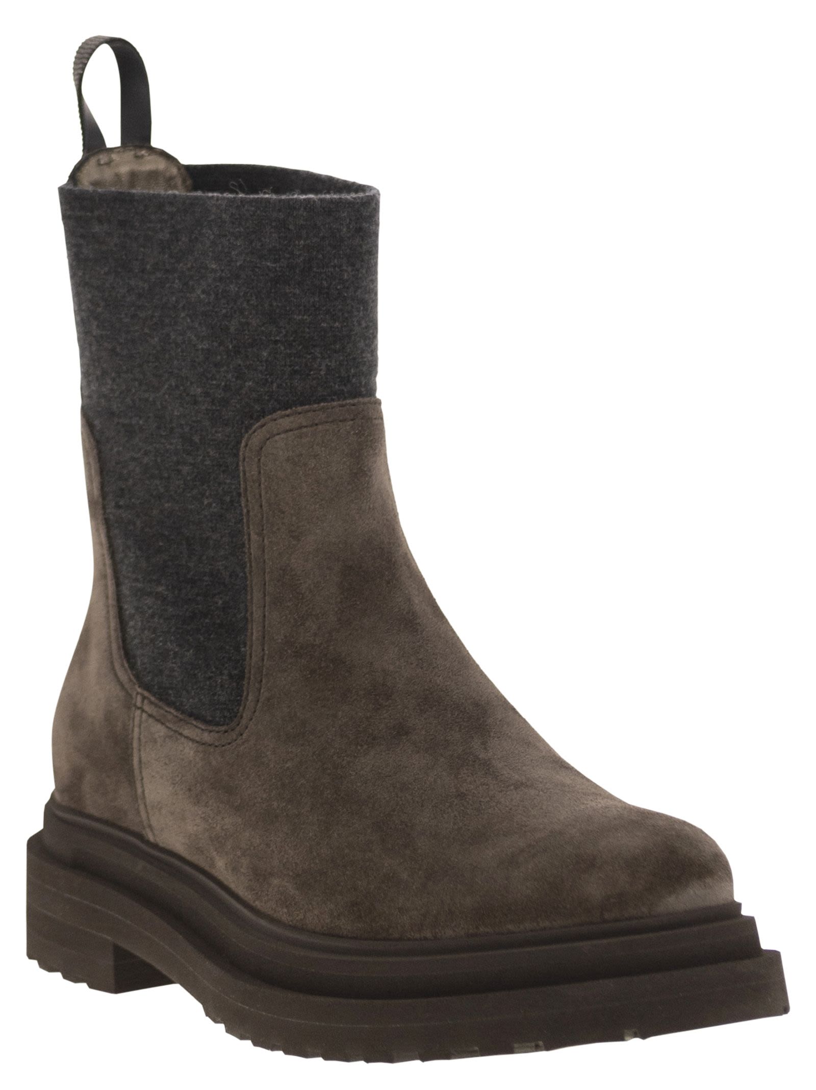 Brunello Cucinelli Women Suede Boot With Knitted Insert And Precious Loop Detail