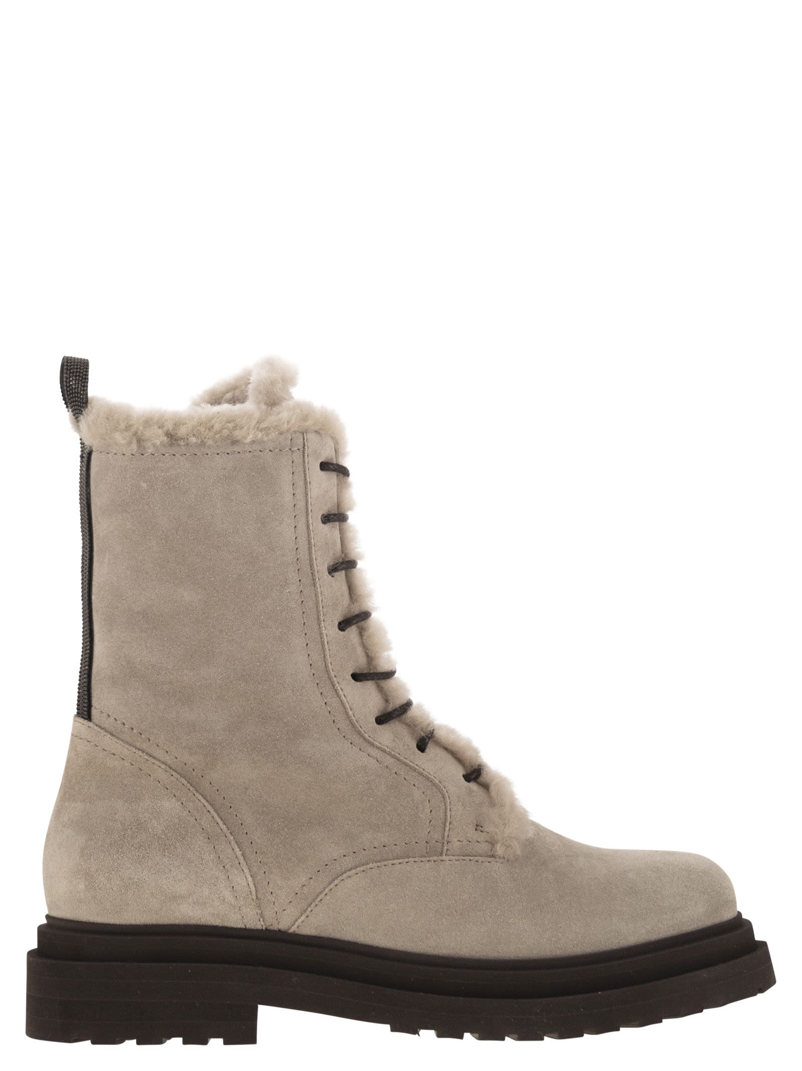 Brunello Cucinelli Women Suede Boot With Shearling Lining And Shiny Loop Detail