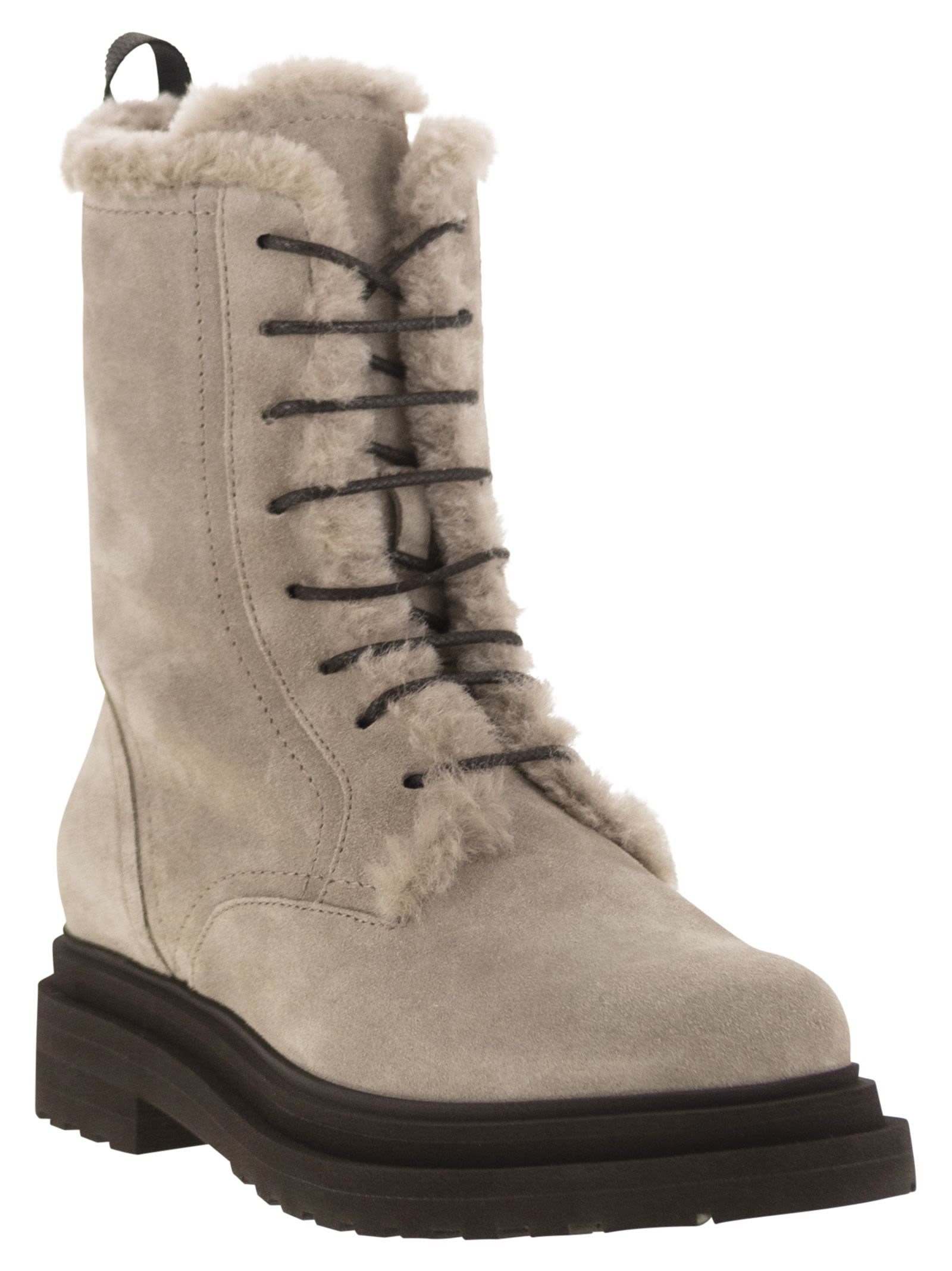 Brunello Cucinelli Women Suede Boot With Shearling Lining And Shiny Loop Detail