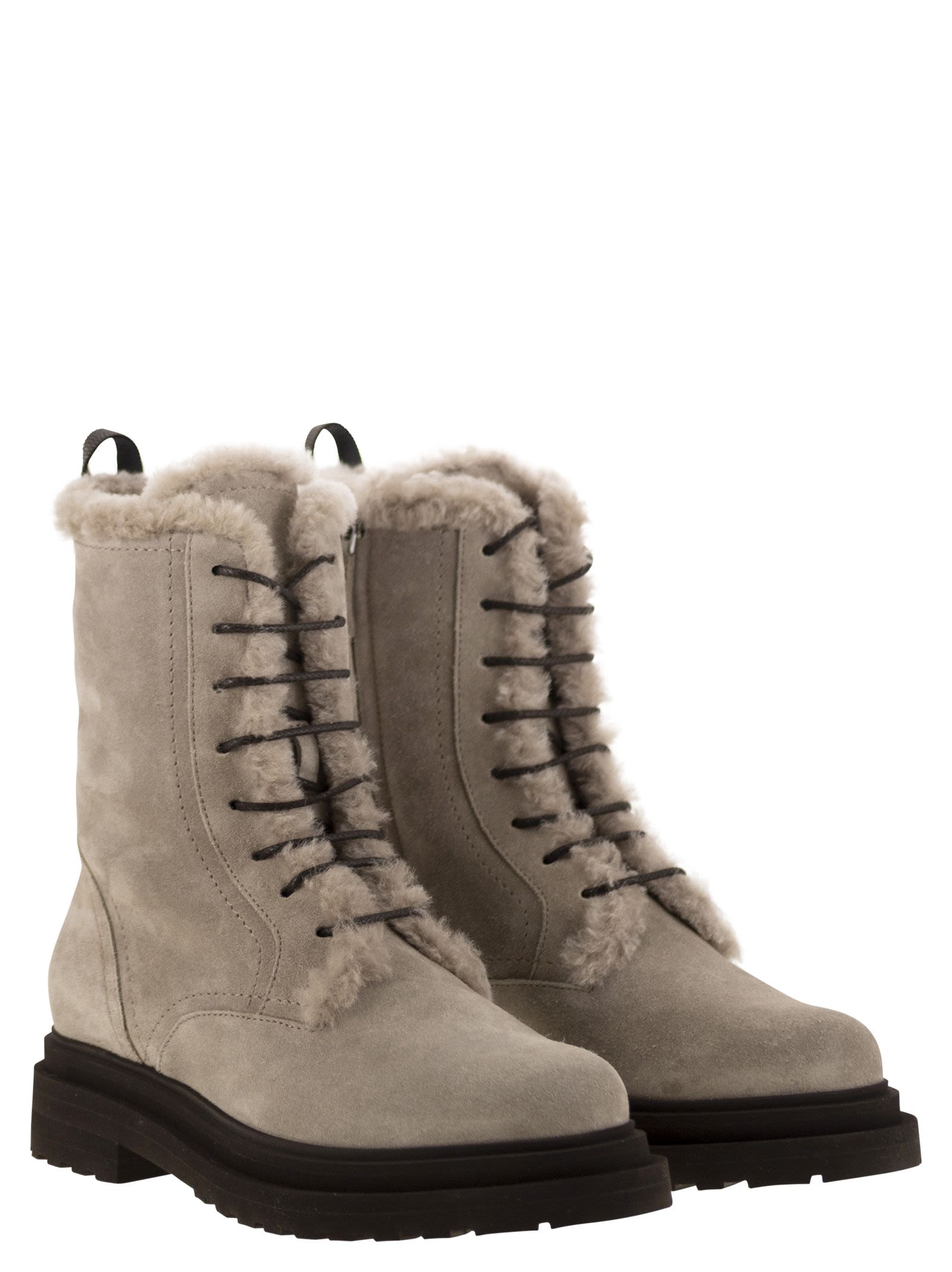 Brunello Cucinelli Women Suede Boot With Shearling Lining And Shiny Loop Detail