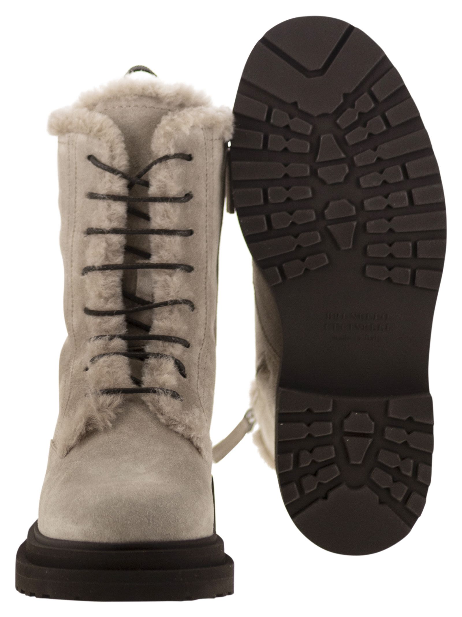 Brunello Cucinelli Women Suede Boot With Shearling Lining And Shiny Loop Detail