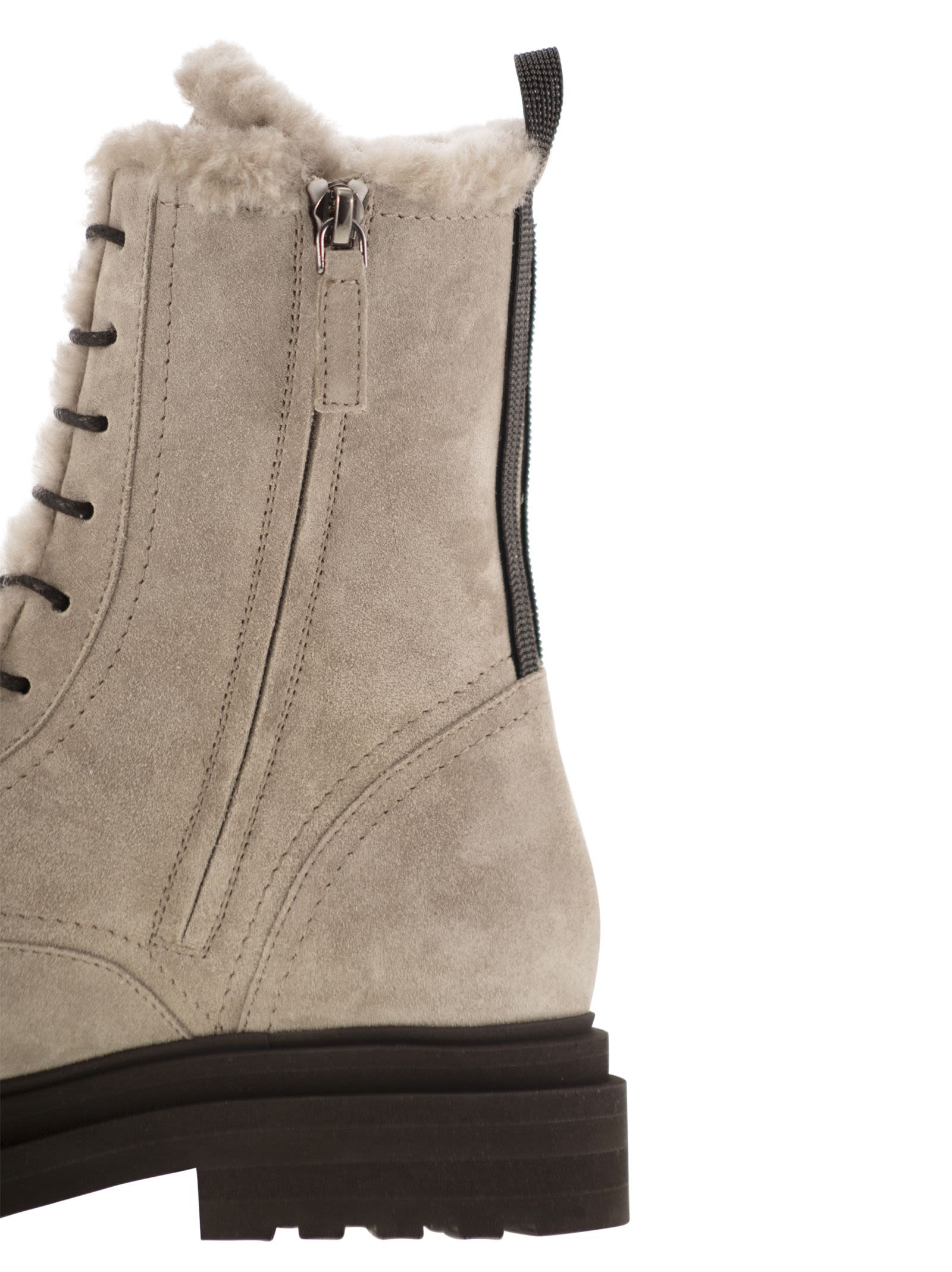 Brunello Cucinelli Women Suede Boot With Shearling Lining And Shiny Loop Detail