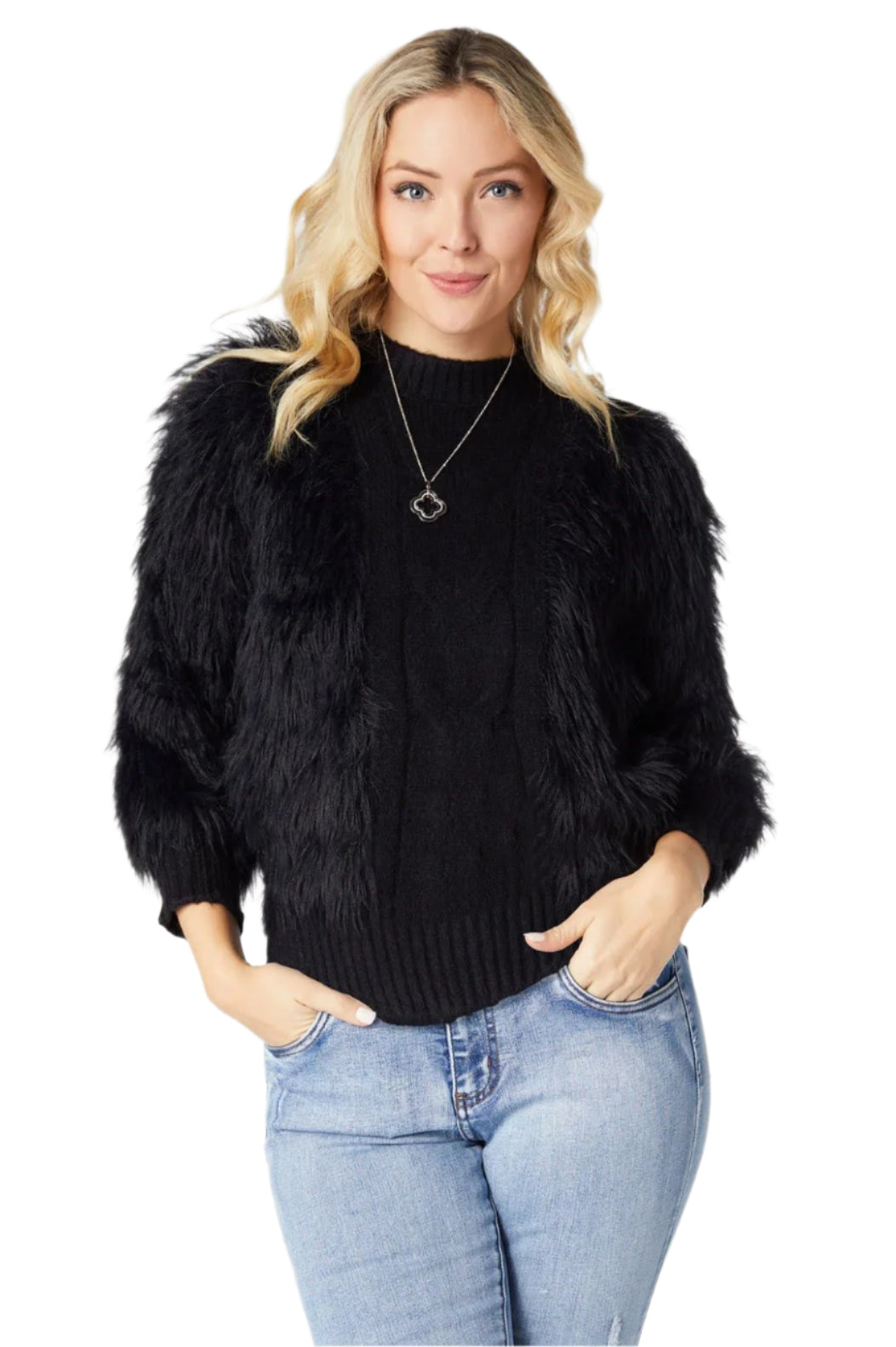 Coco + Carmen Imani Cable Knit Faux Fur Sweater 2439061