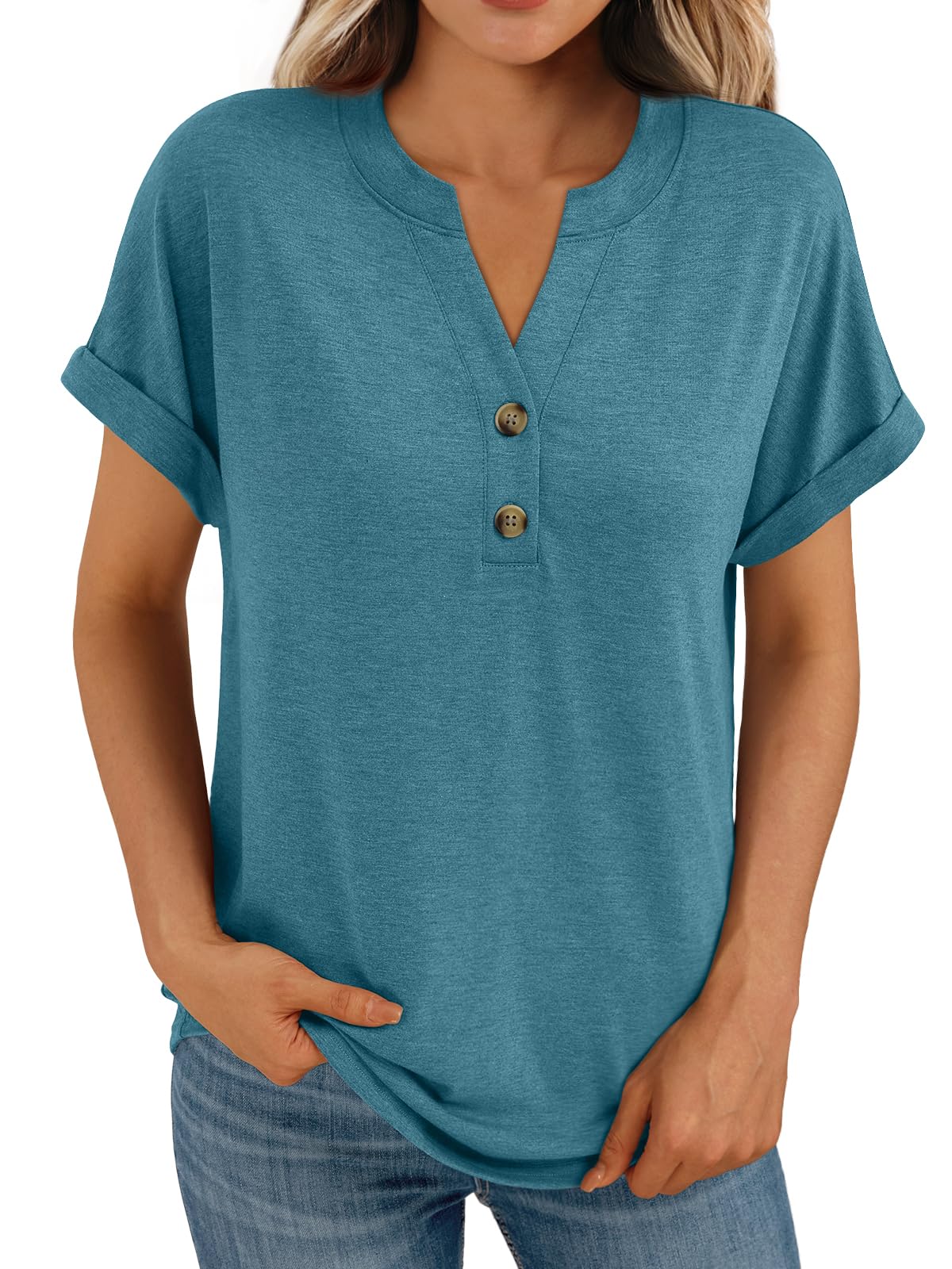 AUTOMET Women's Short Sleeve Shirts Henley Dressy Casual Summer Tops 2025 Trendy Blouses Cute T-Shirts Outfits Clothes