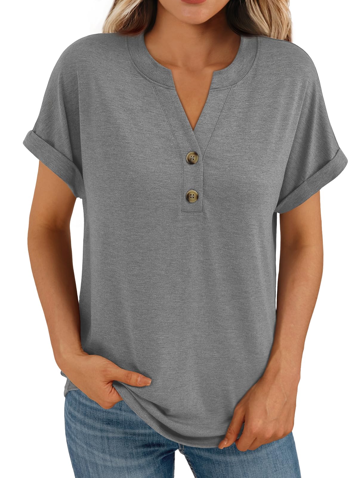 AUTOMET Women's Short Sleeve Shirts Henley Dressy Casual Summer Tops 2025 Trendy Blouses Cute T-Shirts Outfits Clothes