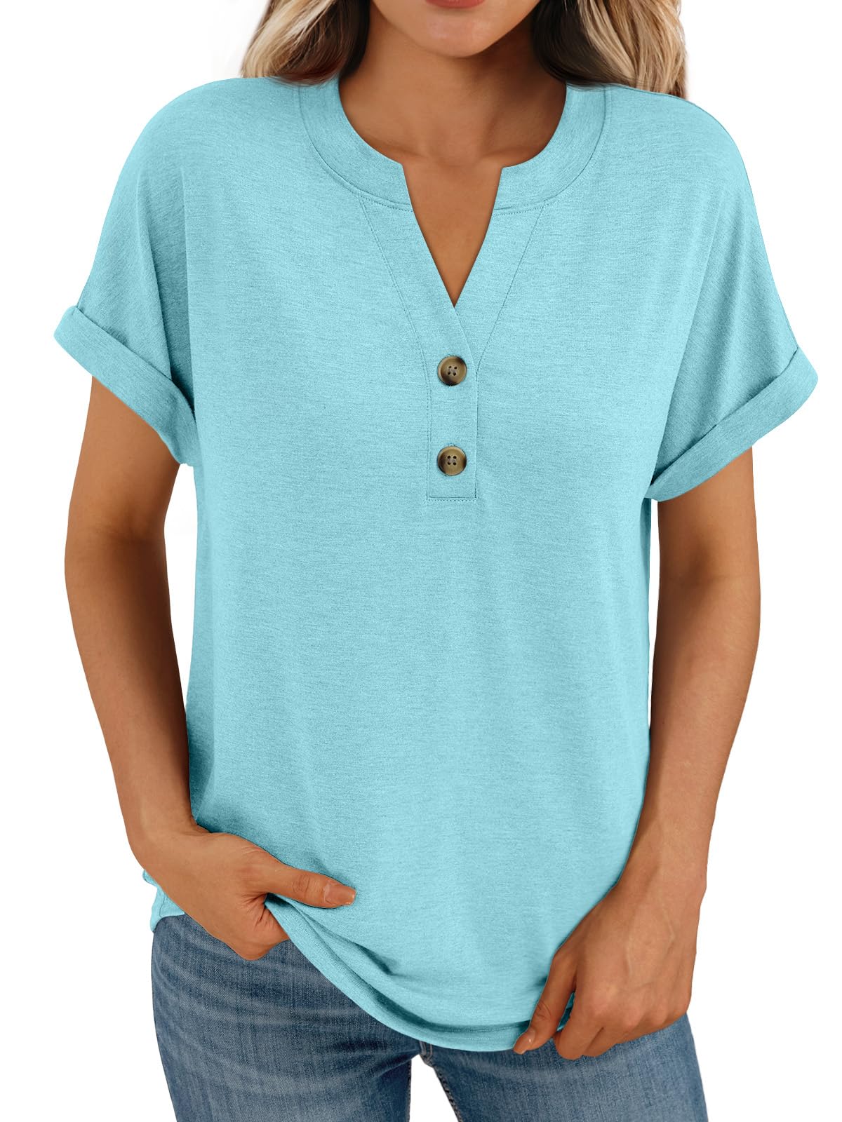 AUTOMET Women's Short Sleeve Shirts Henley Dressy Casual Summer Tops 2025 Trendy Blouses Cute T-Shirts Outfits Clothes