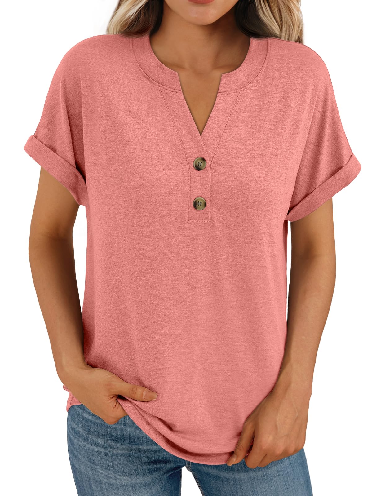 AUTOMET Women's Short Sleeve Shirts Henley Dressy Casual Summer Tops 2025 Trendy Blouses Cute T-Shirts Outfits Clothes