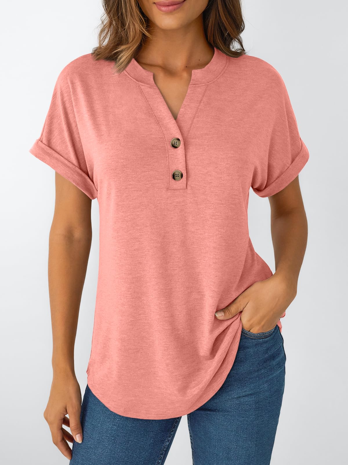 AUTOMET Women's Short Sleeve Shirts Henley Dressy Casual Summer Tops 2025 Trendy Blouses Cute T-Shirts Outfits Clothes