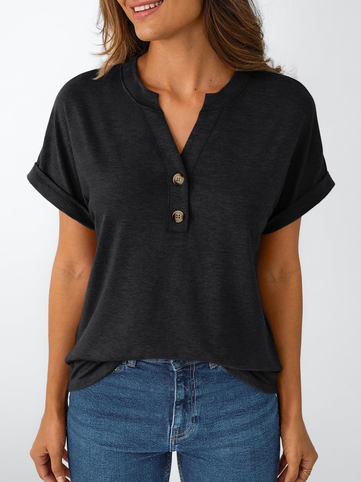 AUTOMET Women's Short Sleeve Shirts Henley Dressy Casual Summer Tops 2025 Trendy Blouses Cute T-Shirts Outfits Clothes