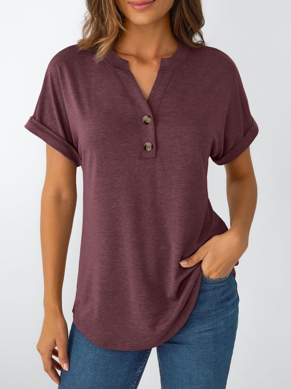 AUTOMET Women's Short Sleeve Shirts Henley Dressy Casual Summer Tops 2025 Trendy Blouses Cute T-Shirts Outfits Clothes