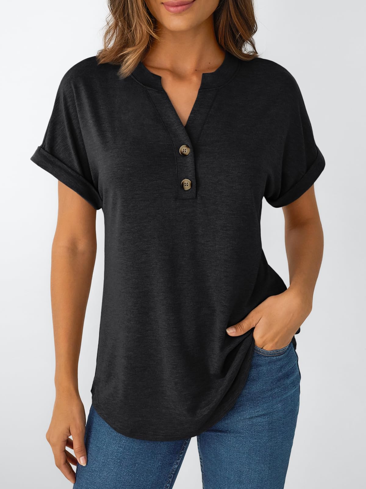 AUTOMET Women's Short Sleeve Shirts Henley Dressy Casual Summer Tops 2025 Trendy Blouses Cute T-Shirts Outfits Clothes