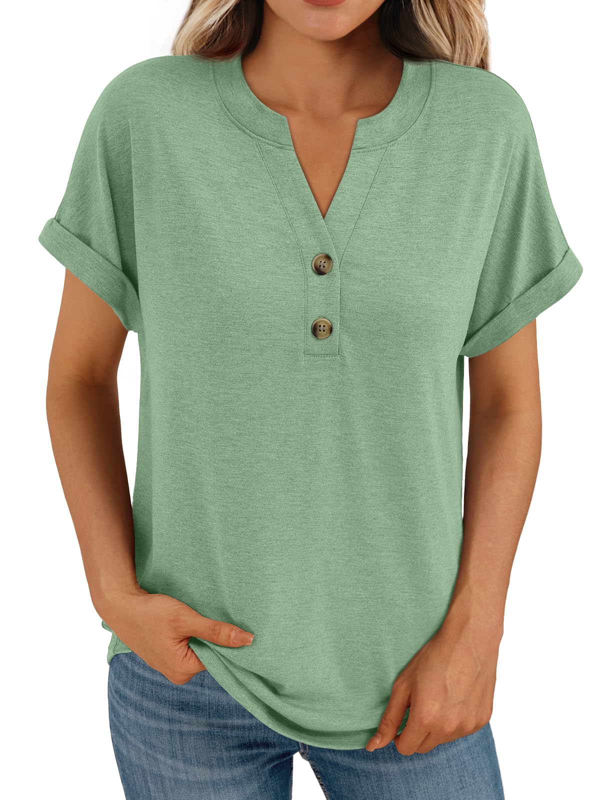 AUTOMET Women's Short Sleeve Shirts Henley Dressy Casual Summer Tops 2025 Trendy Blouses Cute T-Shirts Outfits Clothes